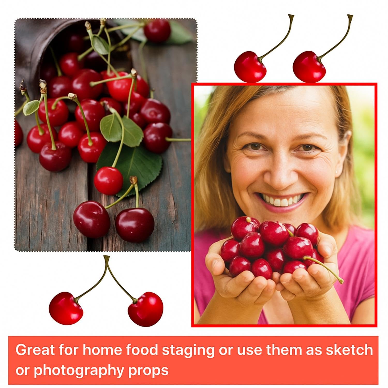 Realistic Fake Cherries - 50 Pcs for Christmas Decor -6 Realistic Fake Cherries - 50 Pcs for Christmas Decor -6