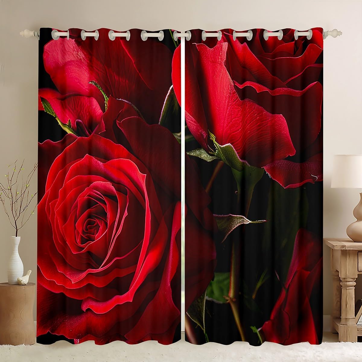 Rose Curtains for Bedroom Living Room Kids Rose Floral Flower Comter Blackout Curtains Garden Flowerative Darkening Dreapes Romantic Valentine's Day Red Window Treatments (2 Panels, 52 x 96 Inch)