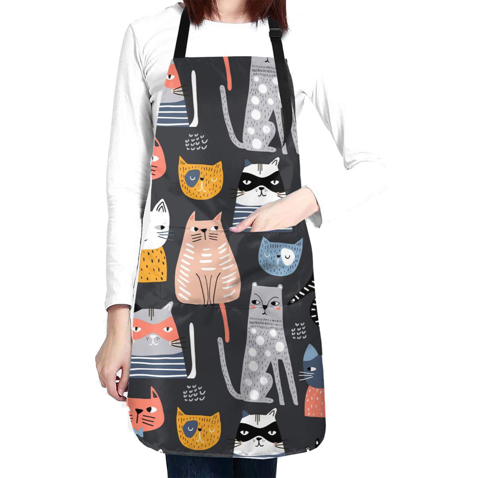 wodealmugWomen Cute Cat Apron Adjustable Neck Kitchen Bib Cook Apron with Pocket for Cooking Baking Gardening