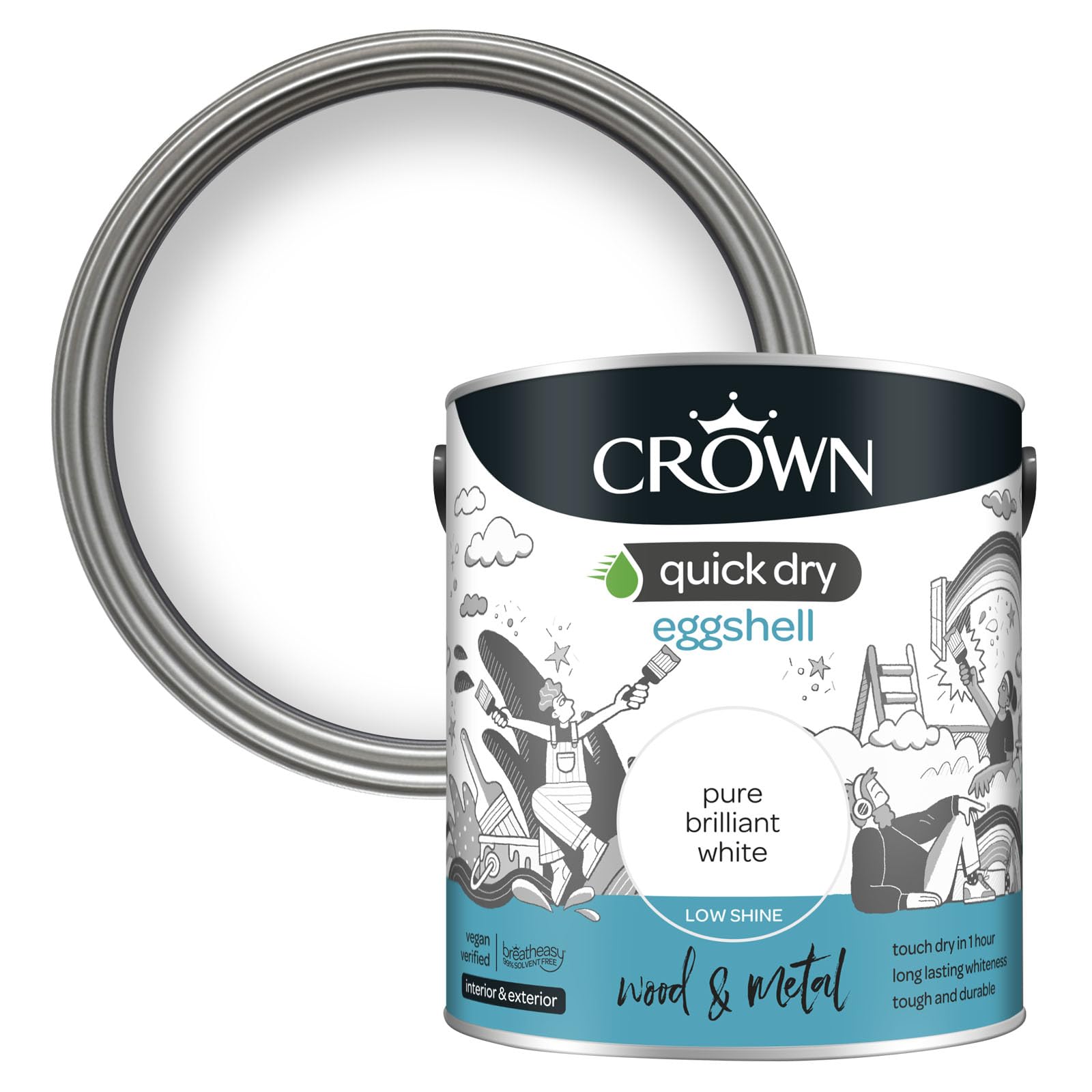 Crown Pintura de secado rápido de cáscara de huevo blanco puro brillante 2,5 l, madera y metal, I nterior exterior