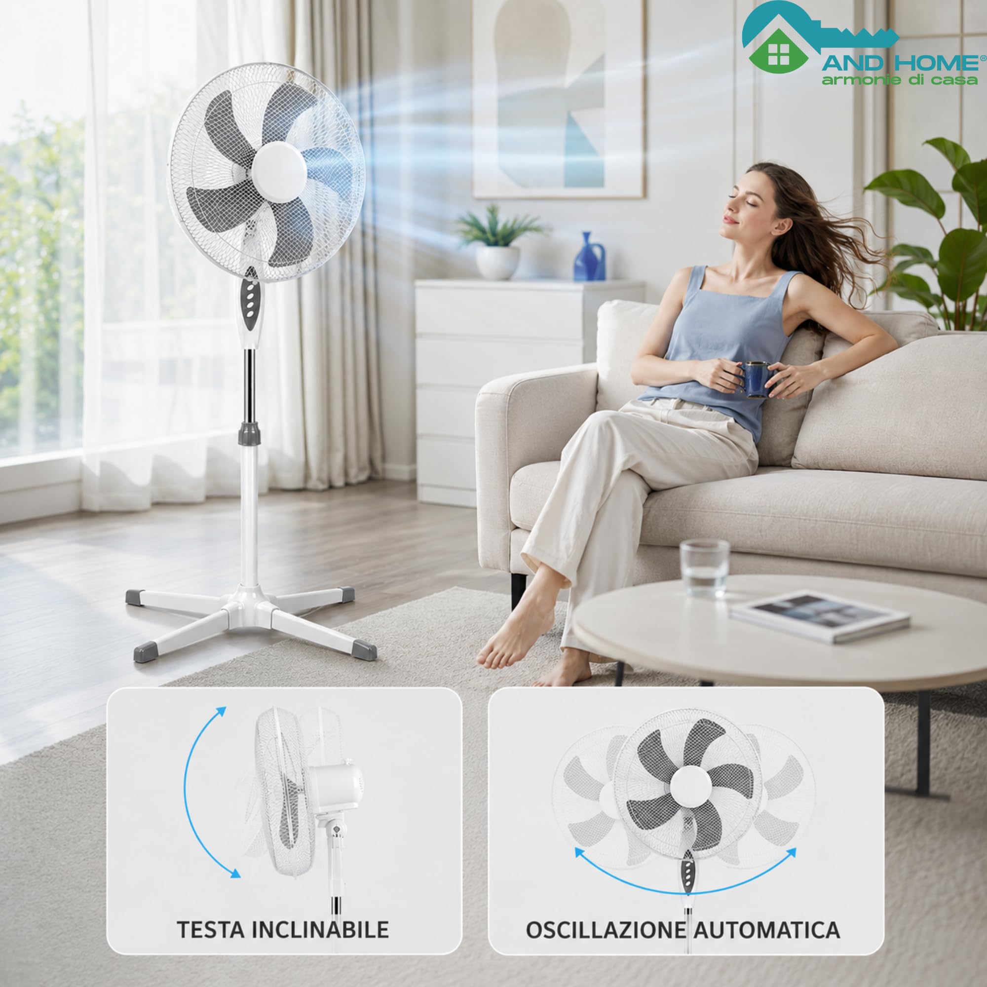 Ventilatore a Piantana Ø 40 cm BIANCO - FACILE MONTAGGIO - 50 W - 3 Velocità - STABILE e SILENZIOSO - Oscillazione Orizzontale - Altezza Regolabile 103-130 cm - Testa Inclinabile - Base a Croce