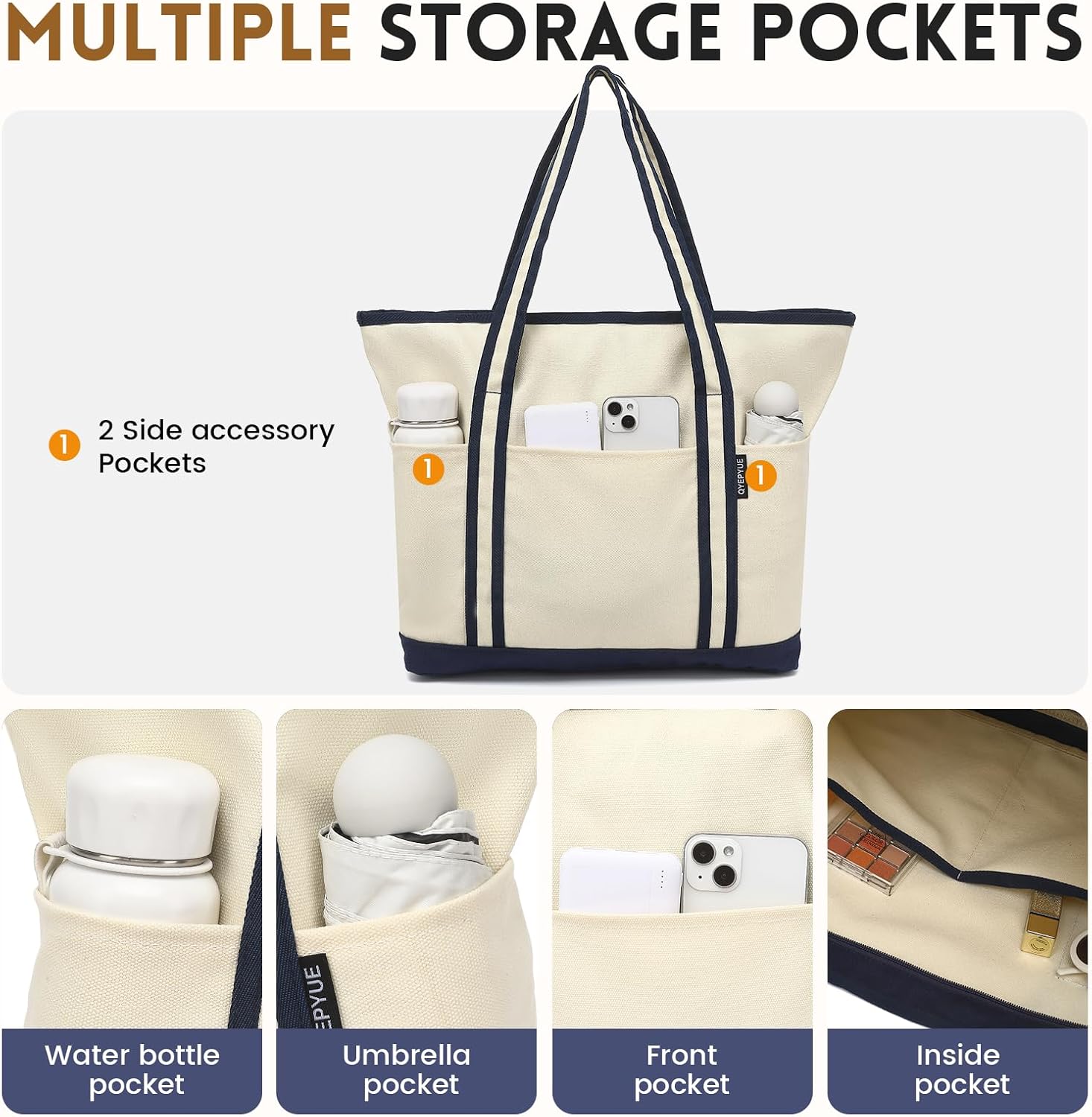 Large Canvas Tote Bag for Women, Beach Bag with Zipper, Utility Tote Bag with 3 Front Pockets, Weekender Pool Bag - Image 4