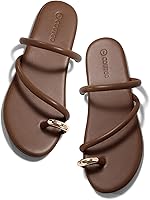 Coutgo Women's Strappy Flat Sandals: Square Open Toe Flip Flops with Toe Ring, Metal Accents & Comfortable Slides