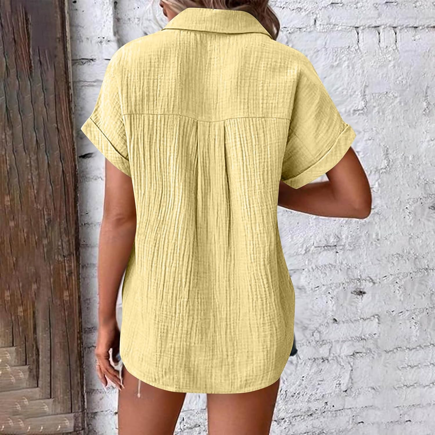 Womens Short Sleeve Rolled Shirts Casual V Neck Button Down Basic Blouses Summer Loose Fit Comfy Tops with Pocket
