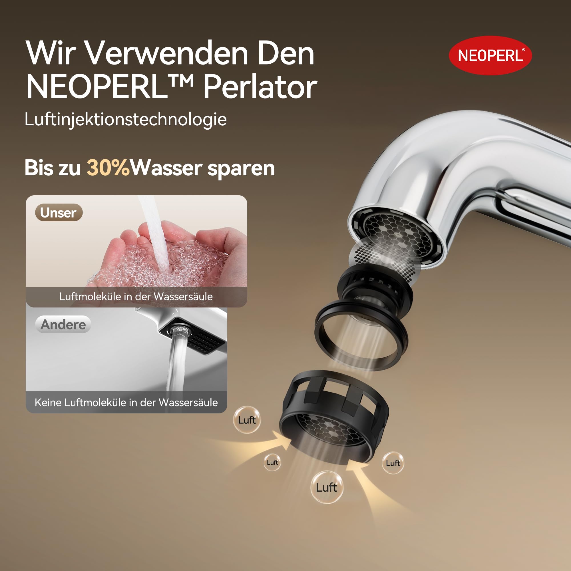 ALPHA HOME Grifo mezclador para baño con función de ahorro de agua, monomando con manguera de conexión de 60 cm, para invitados, baño, cromado