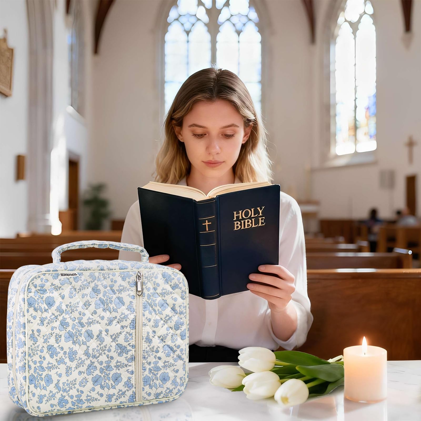 Gesteppte Bibelhülle für Frauen mit Bibelstudiumsbedarf, Journaling-Set, Blumen-Bibeltasche, Tragetasche mit pastellfarbenen Textmarkern, christliche Geschenke für Frauen (blaues