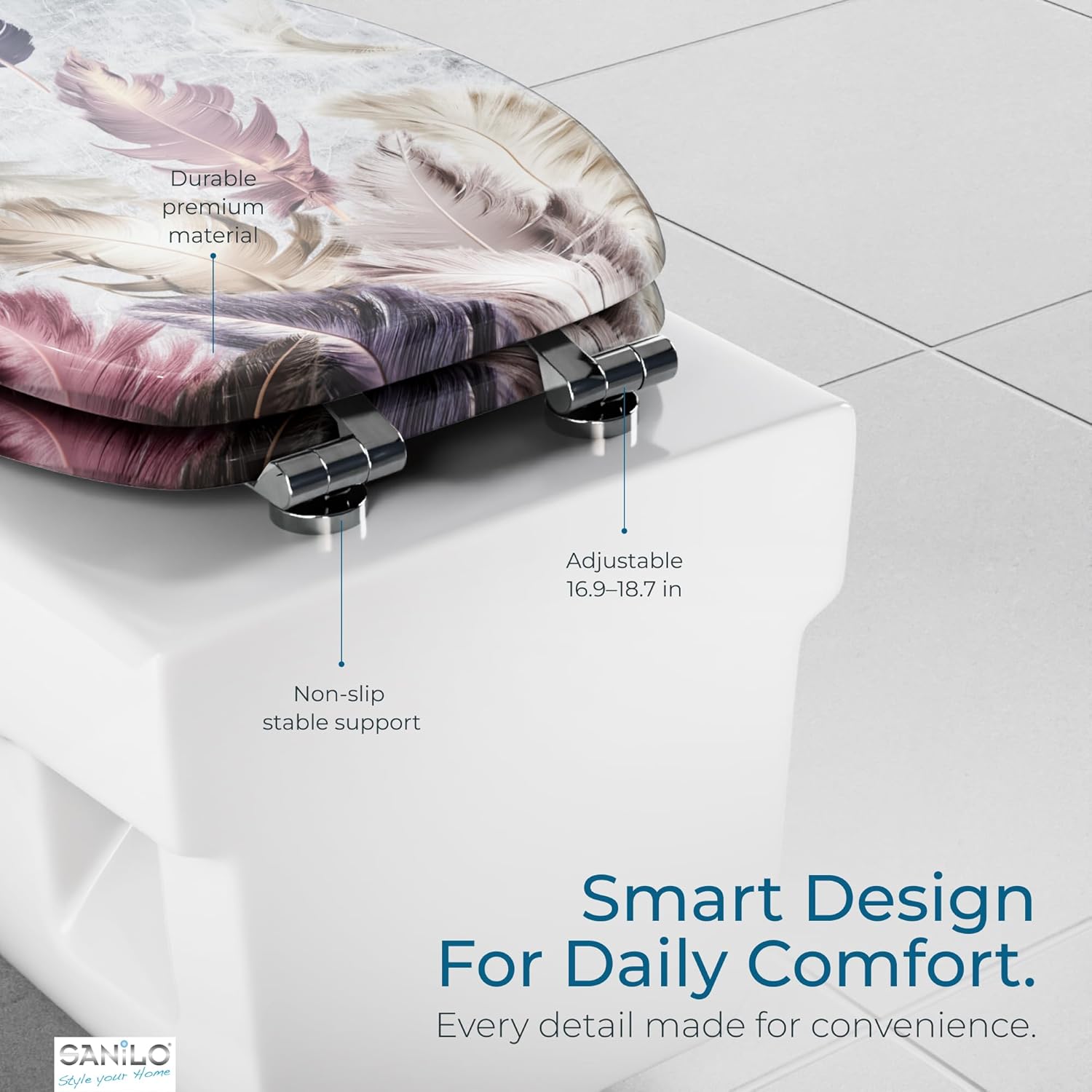 SANILO Wooden Toilet Seat with Soft Close [ELONGATED] - Decorative, Quiet & Slow Close Molded Wood Seat - With Strong Bumpers & Hinges - Adjustable Fit - Feathers