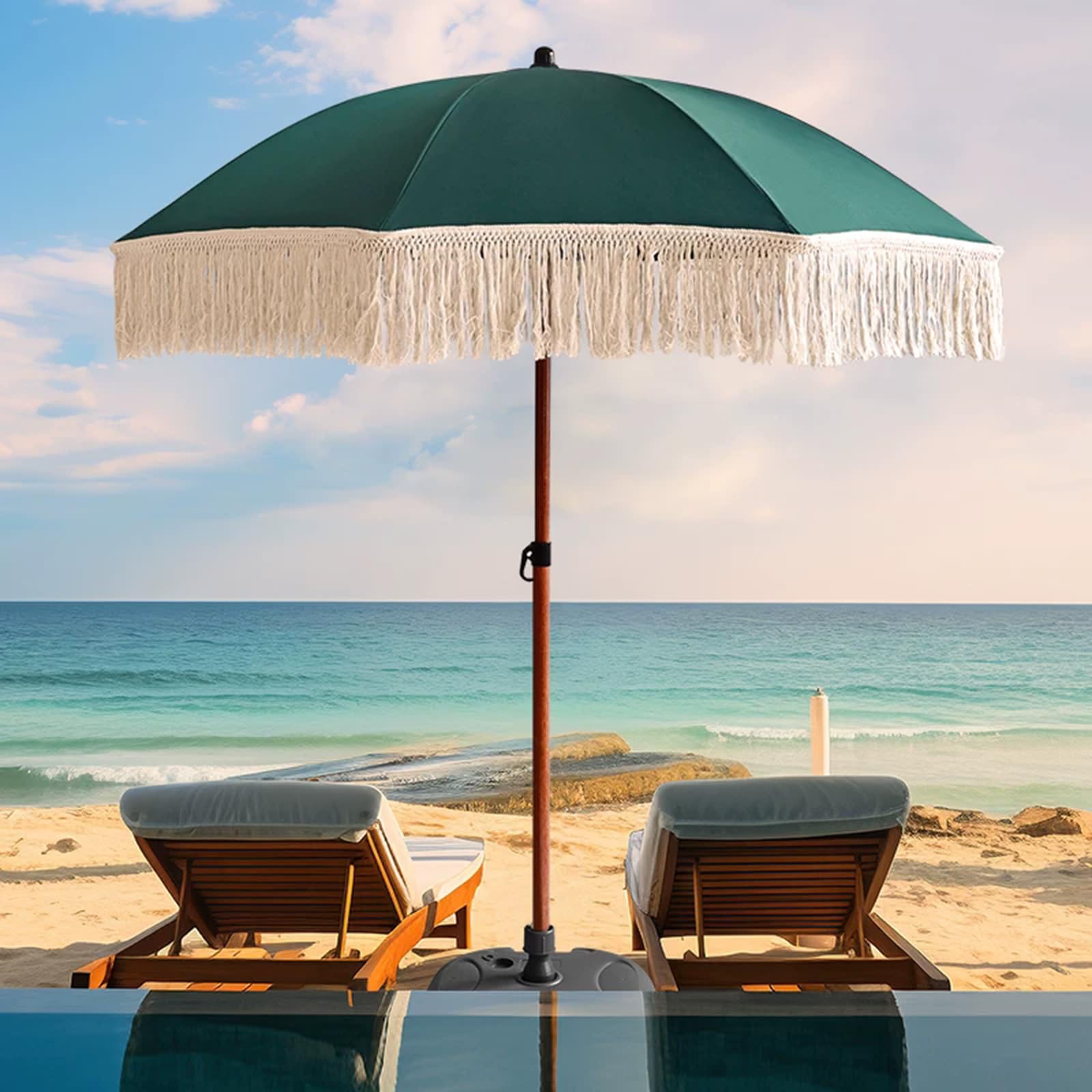 Genérico Sombrilla Jardín Verde para Terrazas Playa Patios, Parasol con Flecos Resistente al Viento, Impermeable y con Protección UV