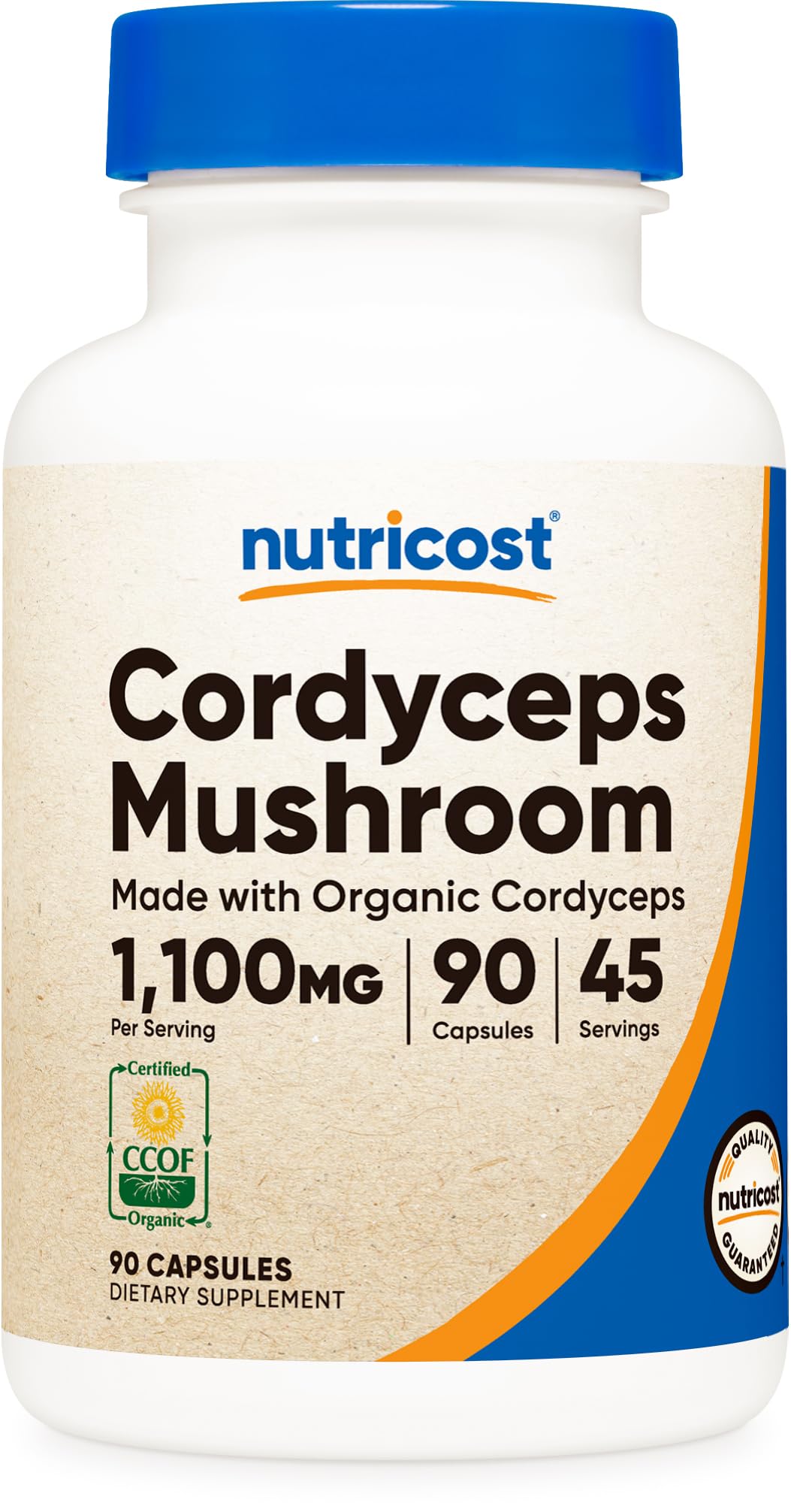 Nutricost Cordyceps Mushroom Capsules 1100mg, 45 Serv - CCOF Certified Made with Organic, Vegetarian, Gluten Free, 550mg Per Capsule (90 Capsules)