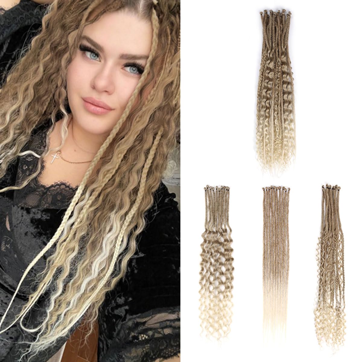 Sangtok 24in Single Ended 3 in 1 Dreadlock Extensions, 30pcs Brown to Blonde Mixed Dreads Extensions Set SE Dreads with Curly Dreadlocks for White