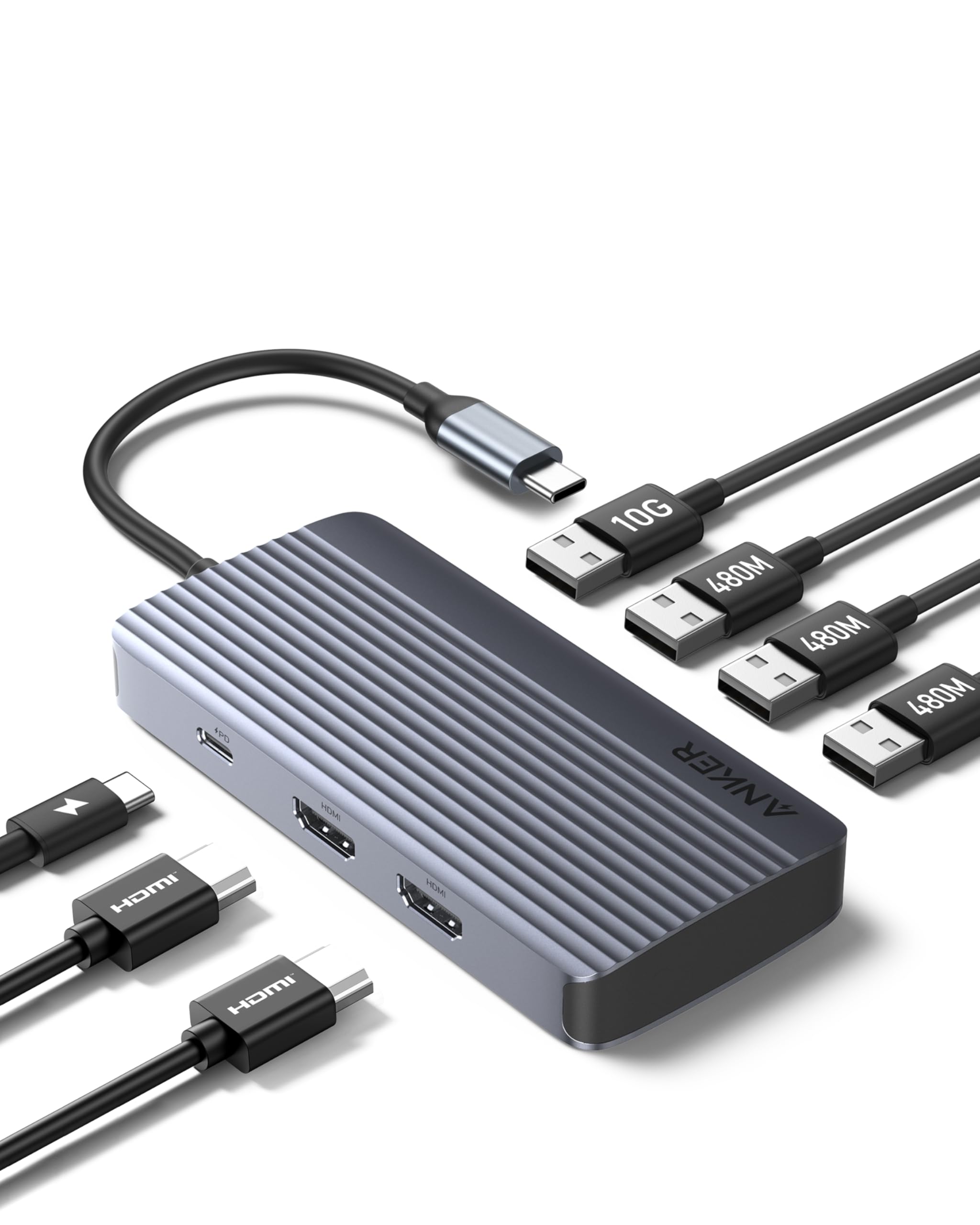 Anker 7-in-1 USB-C Hub, Dual Display USB-C Docking Station, Dual HDMI Display, 100W Stromzufuhr, 10Gbit/s Datenübertragungen, USB-Anschlüsse für MacBook Air/Pro, Dell XPS, iPad Pro und mehr