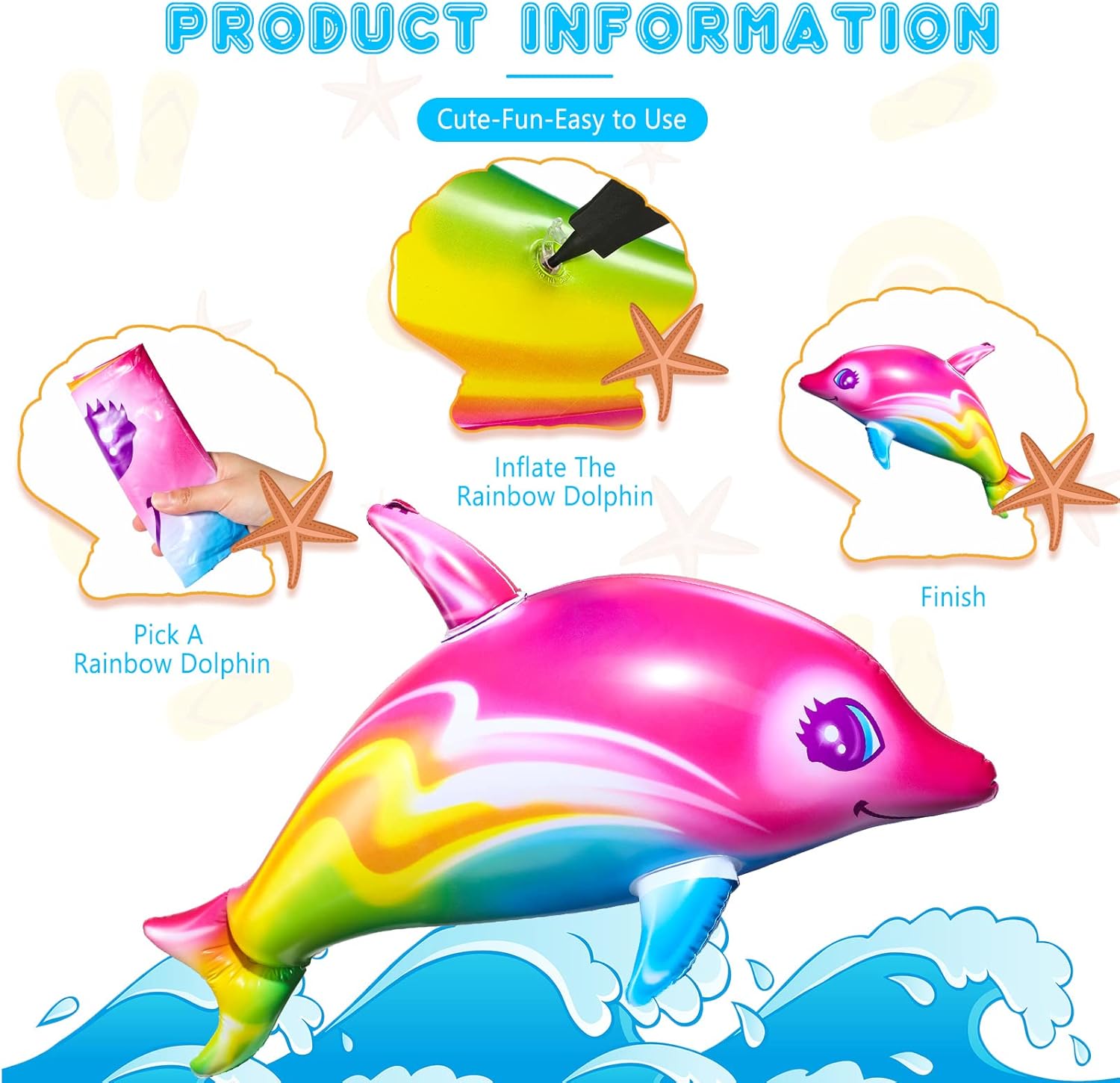 Zhanmai Dolphin Rainbow Inflatable Pool 36 Inch Summer Colorful Pink Poolside Aquatic Themed Decor Inflate Pool Beach Birthday Party Decoration(6 Pieces)
