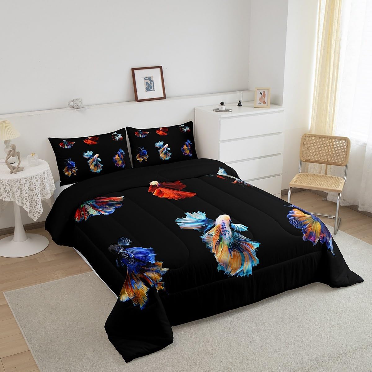 Betta Fish Bedding Set Colorful Siamese Fighting Fish Comforter Underwater Animal Comforter Set for Kids Adults Aquarium Sealife Seaworld Duvet Set Room Decor Twin Size Quilt Boys…