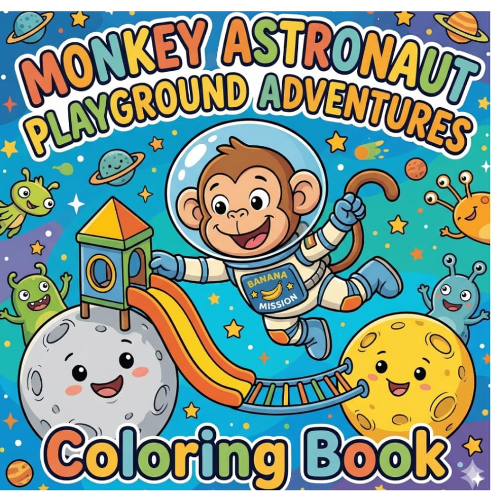 Astro Monkey Builds Moon Playgrounds: A Space Adventure Coloring Book for Kids Ages 3–8: Cute Astronaut Monkey Coloring Pages with Alien Friends | Fun Outer Space Activity Book for Boys & Girls
