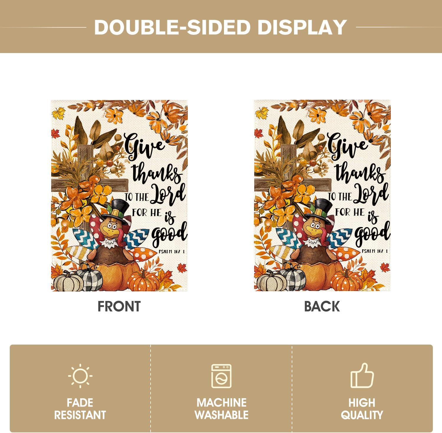 AVOIN colorlife Give Thanks Fall Thanksgiving Garden Flag 12x18 Inch Double Sided Outside, Turkey Cross Pumpkin Yard Outdoor Decorative Flag - Image 6