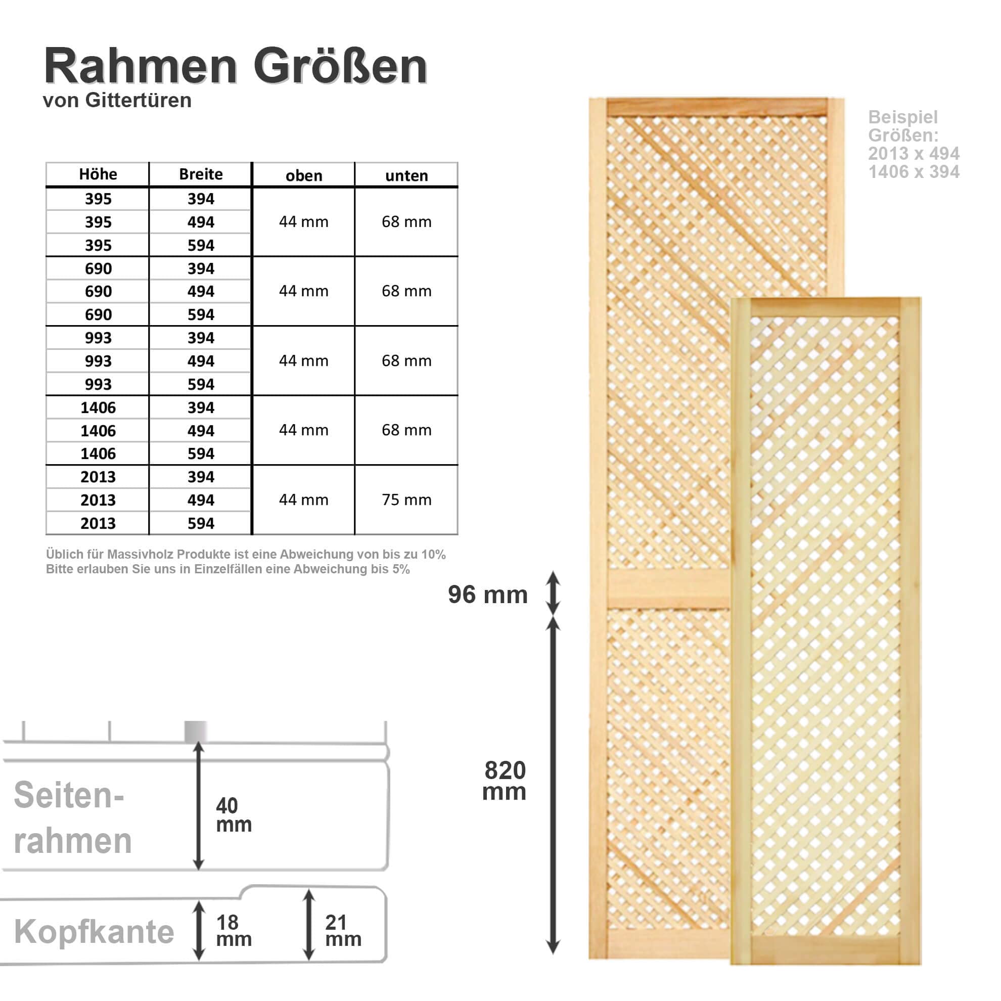 Gittertür Holztür natur 99,3 x 49,4 cm Schranktür Raumteiler Schiebetür für Regale, Schränke, Möbel | Kiefer Holz unbehandelt | Doppel-Paket 2-er Pack