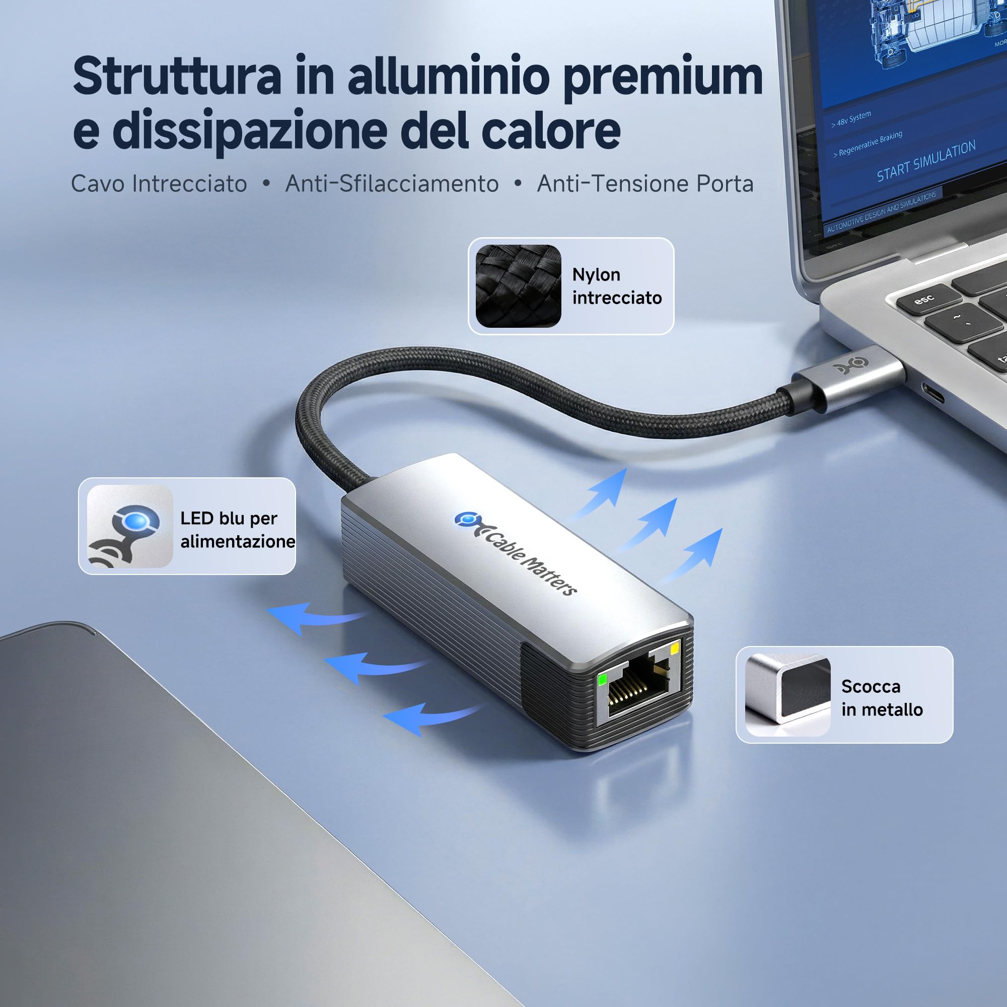 Cable Matters Adattatore USB-C a Ethernet 10Gb in alluminio | E USB4 / Thunderbolt 5 a RJ45, Silenzioso e fresco, Reale Geschwindigkeit: Circa Windows / circa macOS