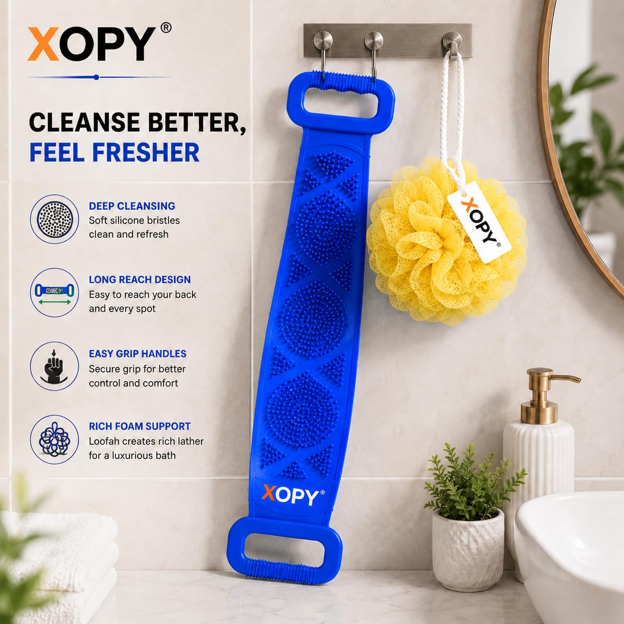 XOPY 2-in-1 Silicone Bathing Belt & Bath Loofah Combo for Men & Women | Double-Sided Back Scrubber with Long Handles | Soft Exfoliating Silicone Body Scrubber for Deep Cleansing | Mesh Shower Pouf for Rich Foam, Quick Dry & Skin Friendly 1