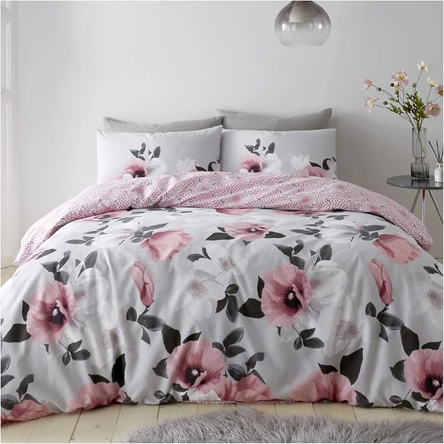 GC GAVENO CAVAILIA Botanical Poppy Duvet Cover, Watercolour Reversible Polka Dot Bedding Double Bedset, Blush Pink Pillow Cases, 3 Pcs