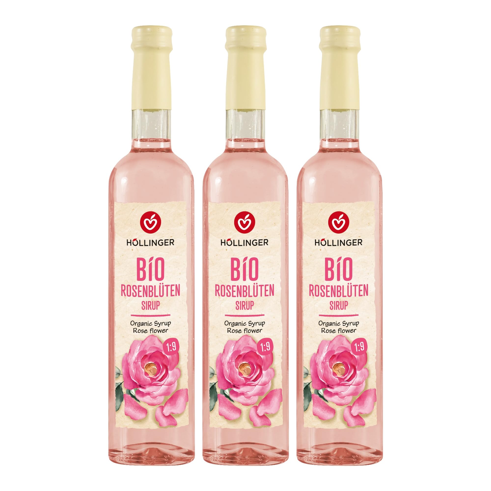 Höllingerr Bio Rosenblüten Sirup - Vegan, 3x500ml Glas Flasche - Rosige Erfrischung