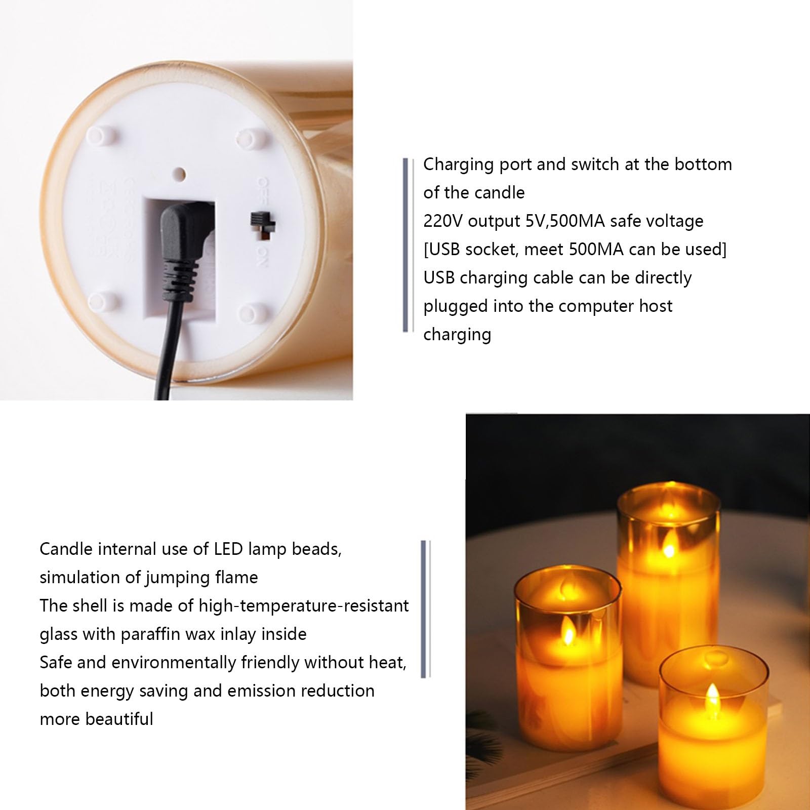 Candela senza fiamma in vetro ricaricabile con timer, telecomando, candela a colonna a LED, paraffina pura, set da 3 (Color : Amber)
