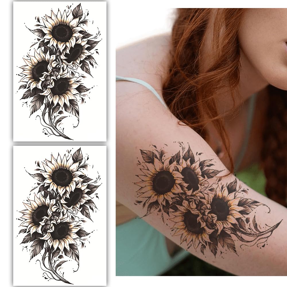 S.A.V.I 2 Large Sunflower Temporary Tattoos for Women & Teens,19x12cm Sheets, Black & Yellow Floral Body Art Stickers – Waterproof, Long-Lasting Fake Tattoos for Arm, Leg, Back-image-47