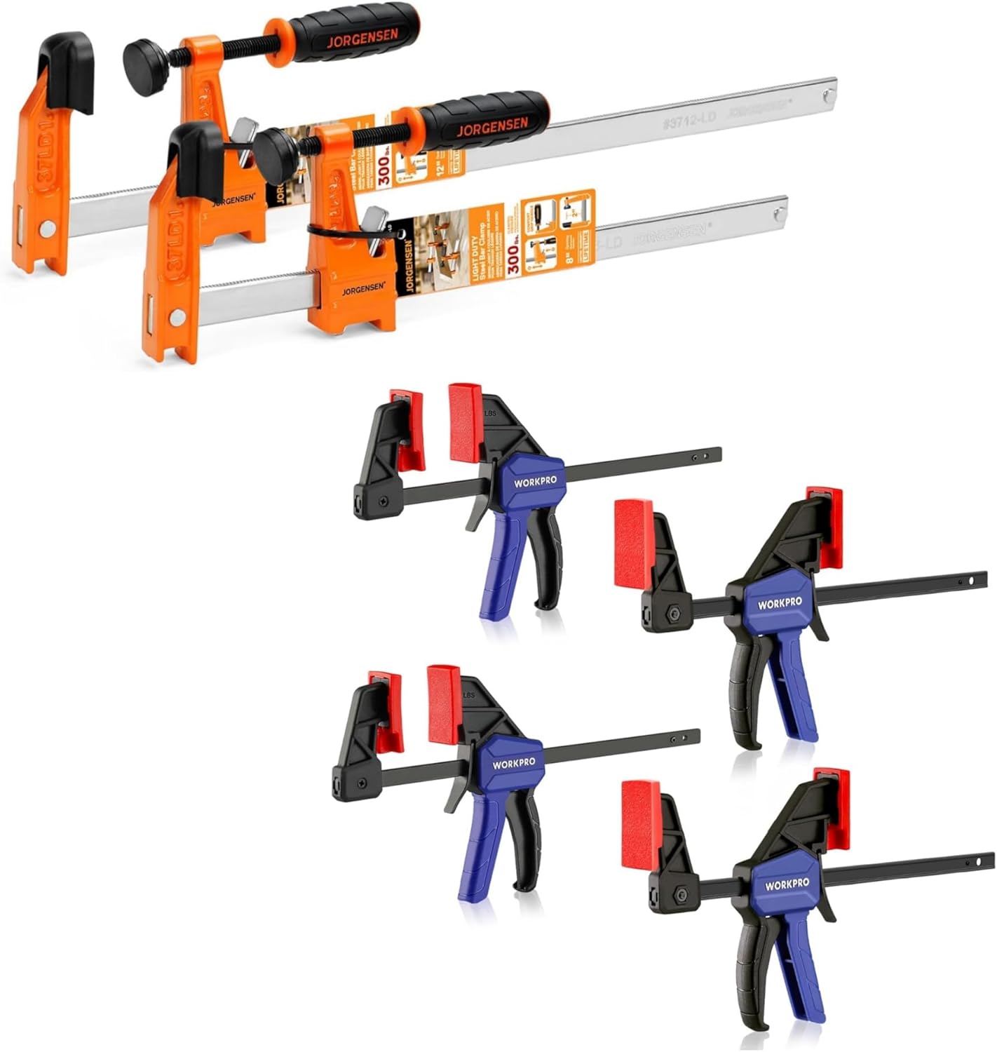 Jorgensen 2-Piece Steel Bar Clamp Set and WORKPRO 4-Pack 6" Mini Bar Clamps
