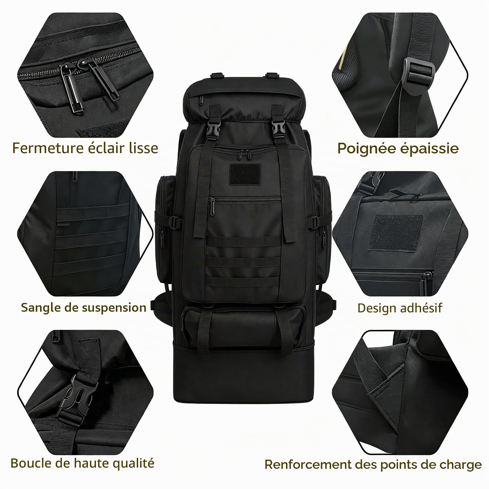 80L Randonnée Camping Sac À Dos Voyage MOLLE Sac À Dos, Sacs À Dos Tactiques Militaires, Épaissie Réglable Imperméable À L'eau De Grande Capacité Sac À Dos Extérieur