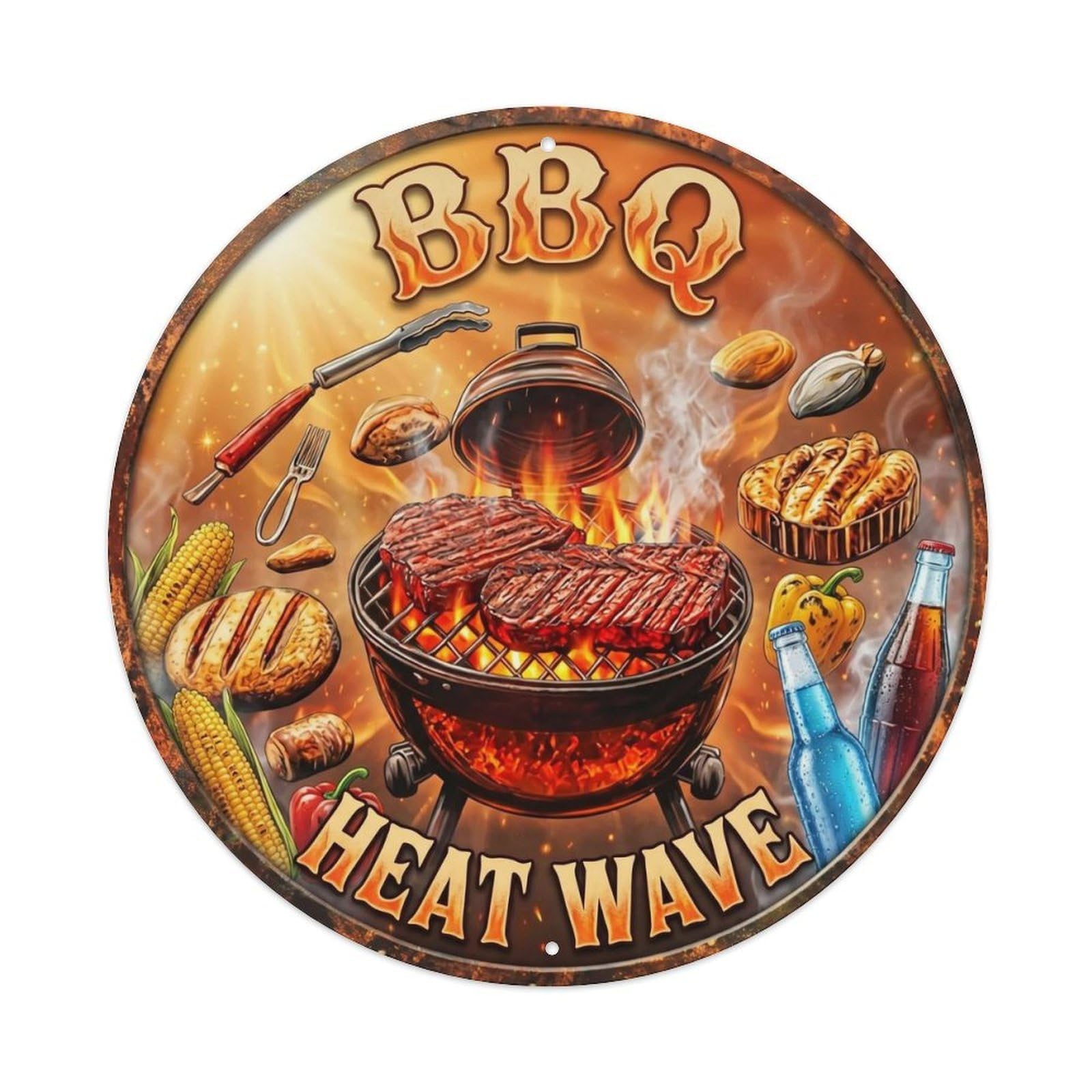BBQ Barbecue Heat Wave Vintage Metal Tin Sign Plaque Wall Decor for Cafe, Club, Garden Round Metal Poster 8x8Inch