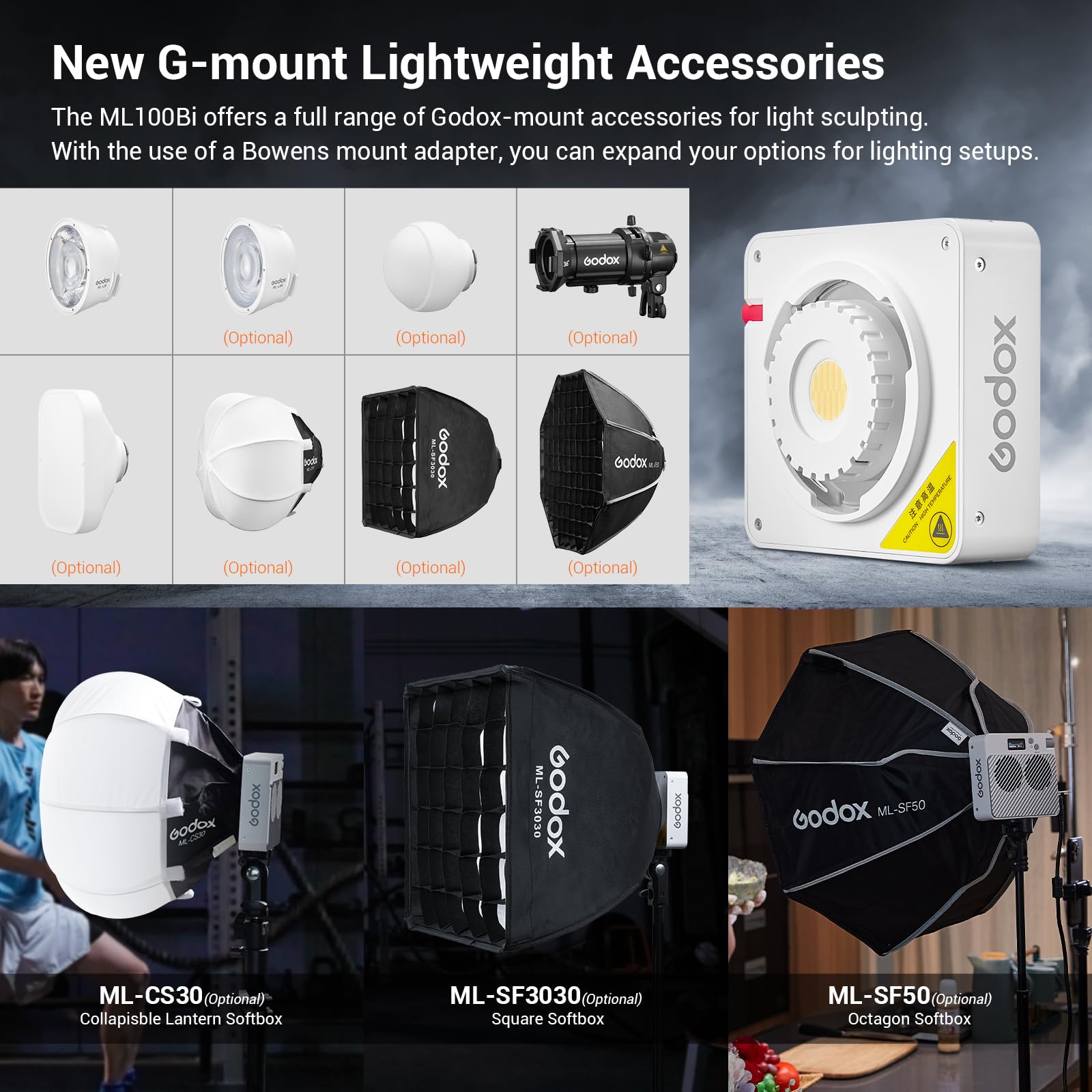Godox ML100Bi 100W Bi-Color LED Luz de Vídeo, 2800-6500K Vídeo CRI 97+/TLCI 98+, 11 FX Efectos, 34300 Lux Brillo del 0% al 100%, App Control para Luz Fotográfica