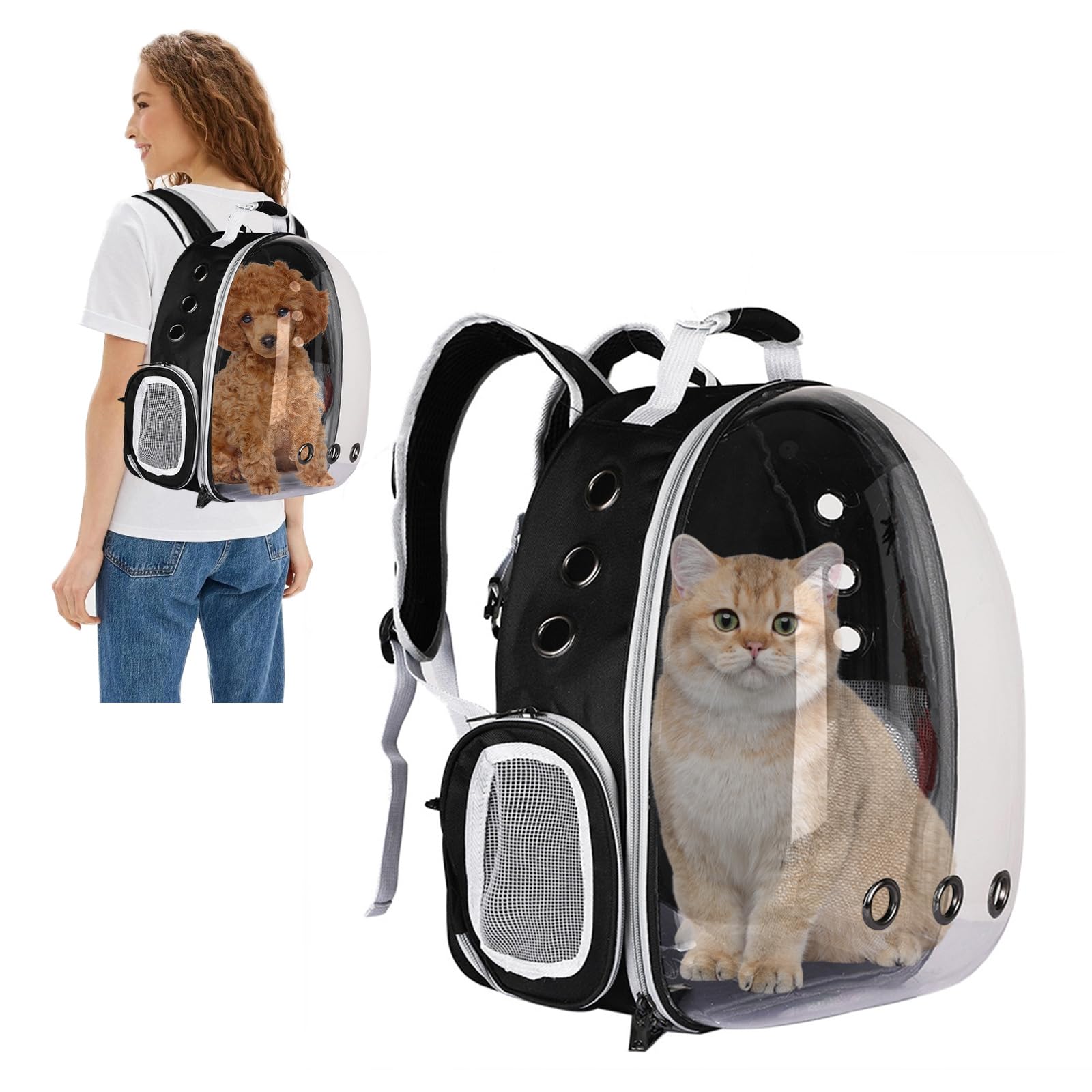 PETCUTE Cat Backpack,Expandable Cat Capsule Carrying Backpack, Transparent Pet Bubble Carrier Front Pack with 9 Venting Hole Breathable, For Cat Dog Outdoor Hiking and Traveling Black