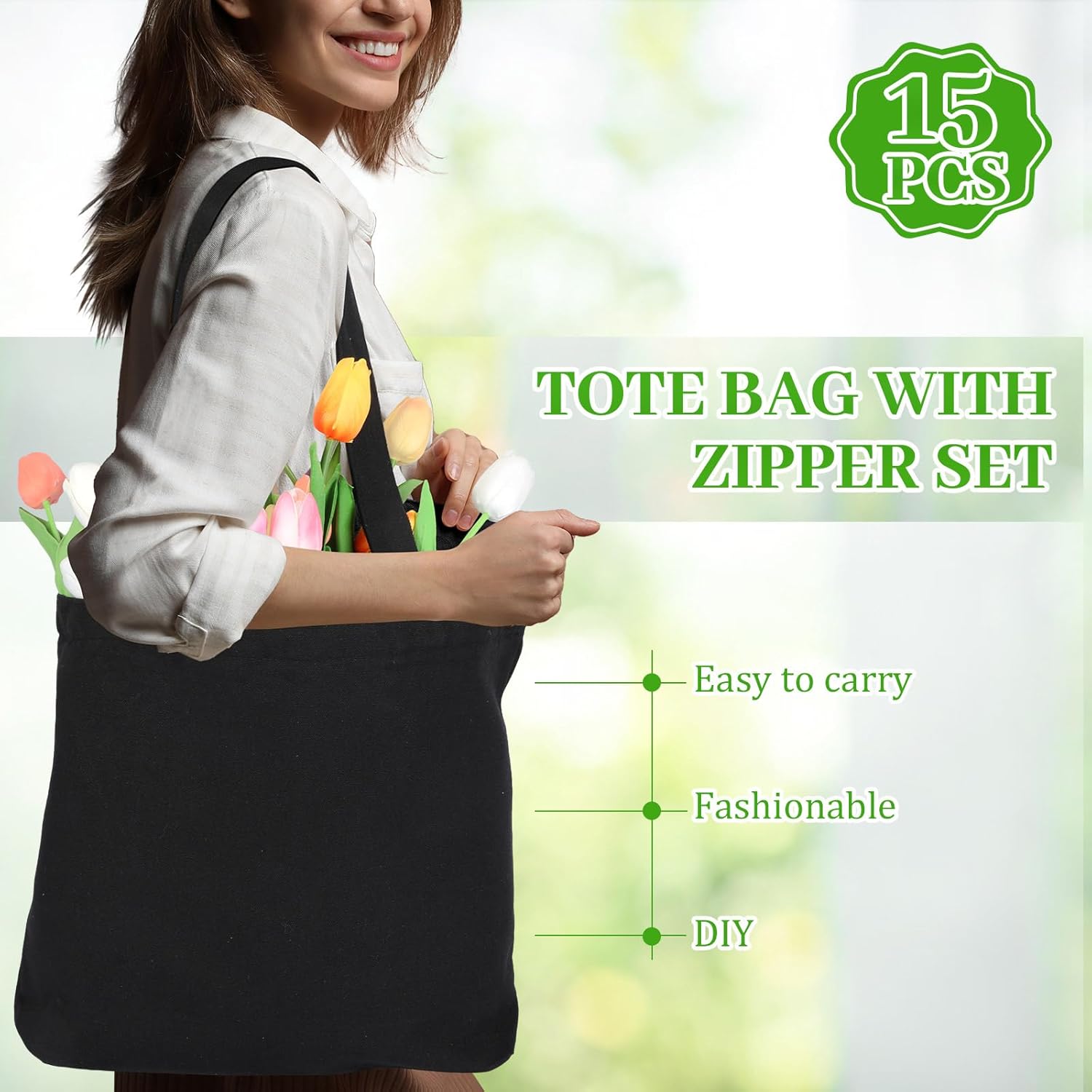 Silkfly Canvas Tote Bags Bulk Blank Cotton Canvas Bag with Zipper Handles Reusable Plain Grocery Makeup Handbag for DIY(16.5x13.4'',Black,15 Pcs)