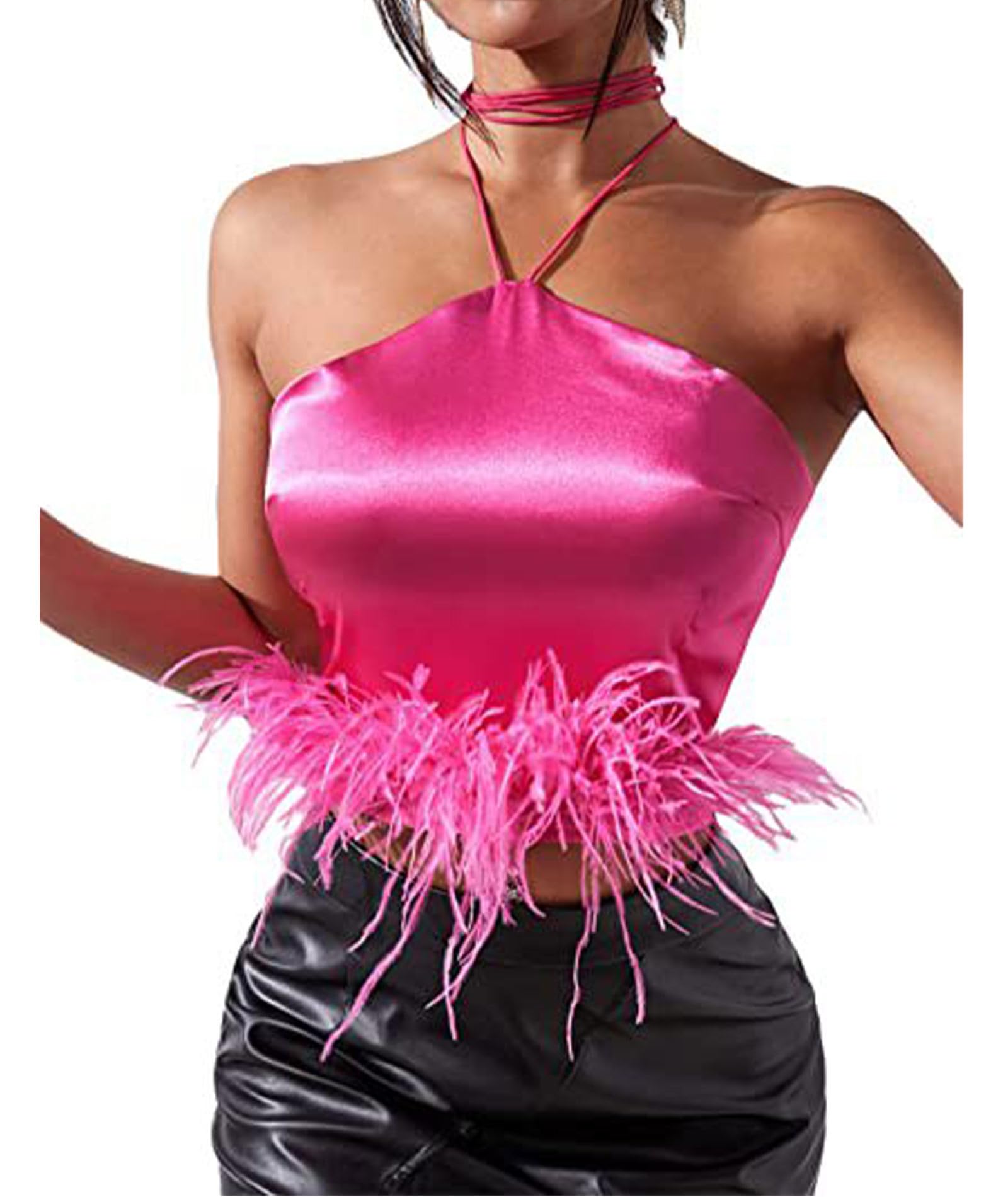 xxxiticat Canotta pelosa da donna senza maniche Halter Lace Up Open Back Faux Fur Tube Shirt Party Satin Slip Feather Crop Top