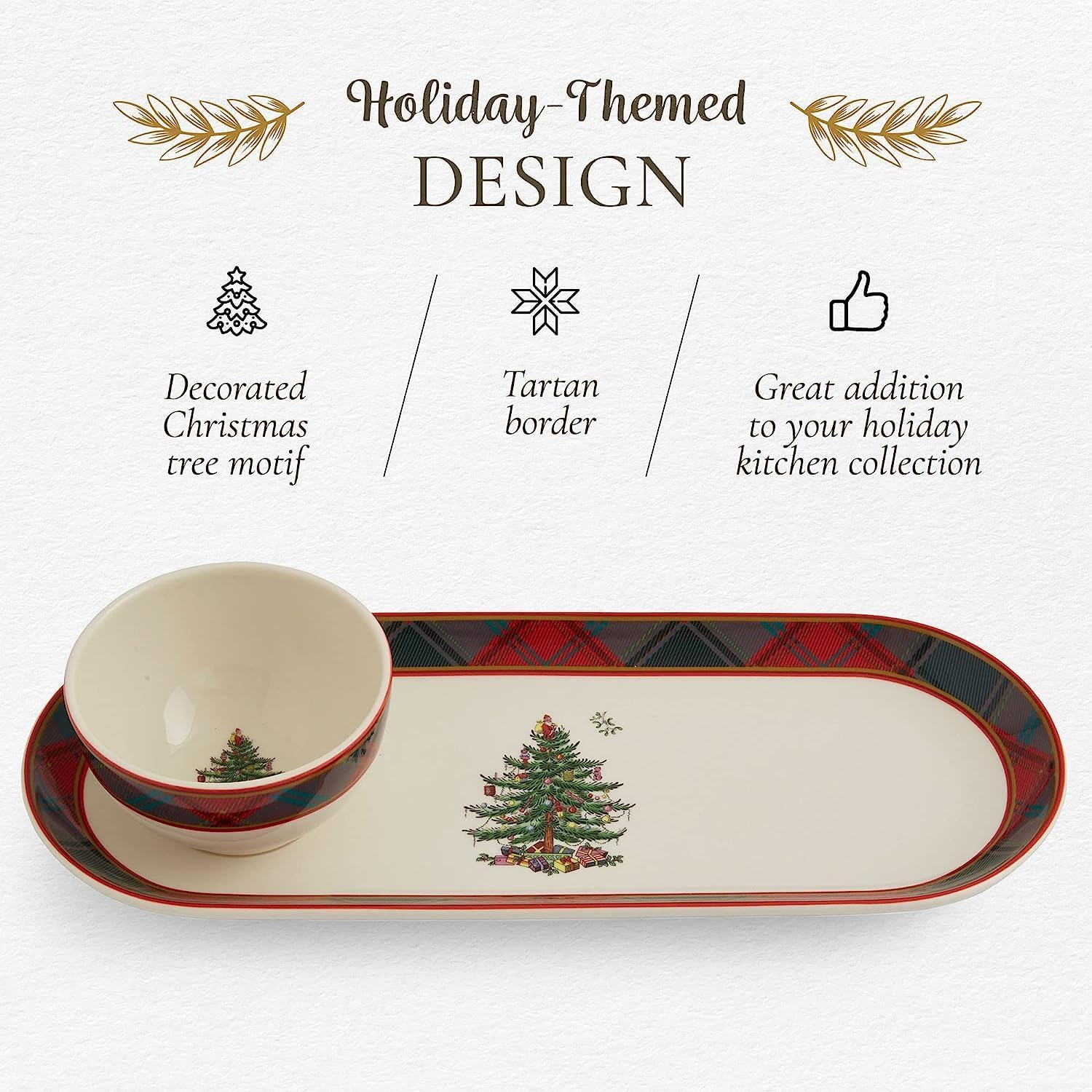 Spode Christmas Tree 2-Piece Tartan Chip and Dip Set - 13-Inch Holiday Serving Platter with Dip Bowl - Tartan Plaid Border - Fine Earthenware, Durable & Versatile, Dishwasher, Microwave, Freezer Safe