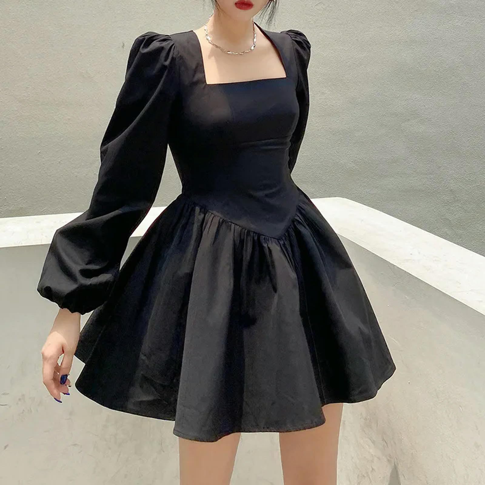 Vestido Ajustado de Corte A para Mujer, Vestido Corto con Cuello Cuadrado y Mangas largas abullonadas para Fiesta Informal, Negro, L