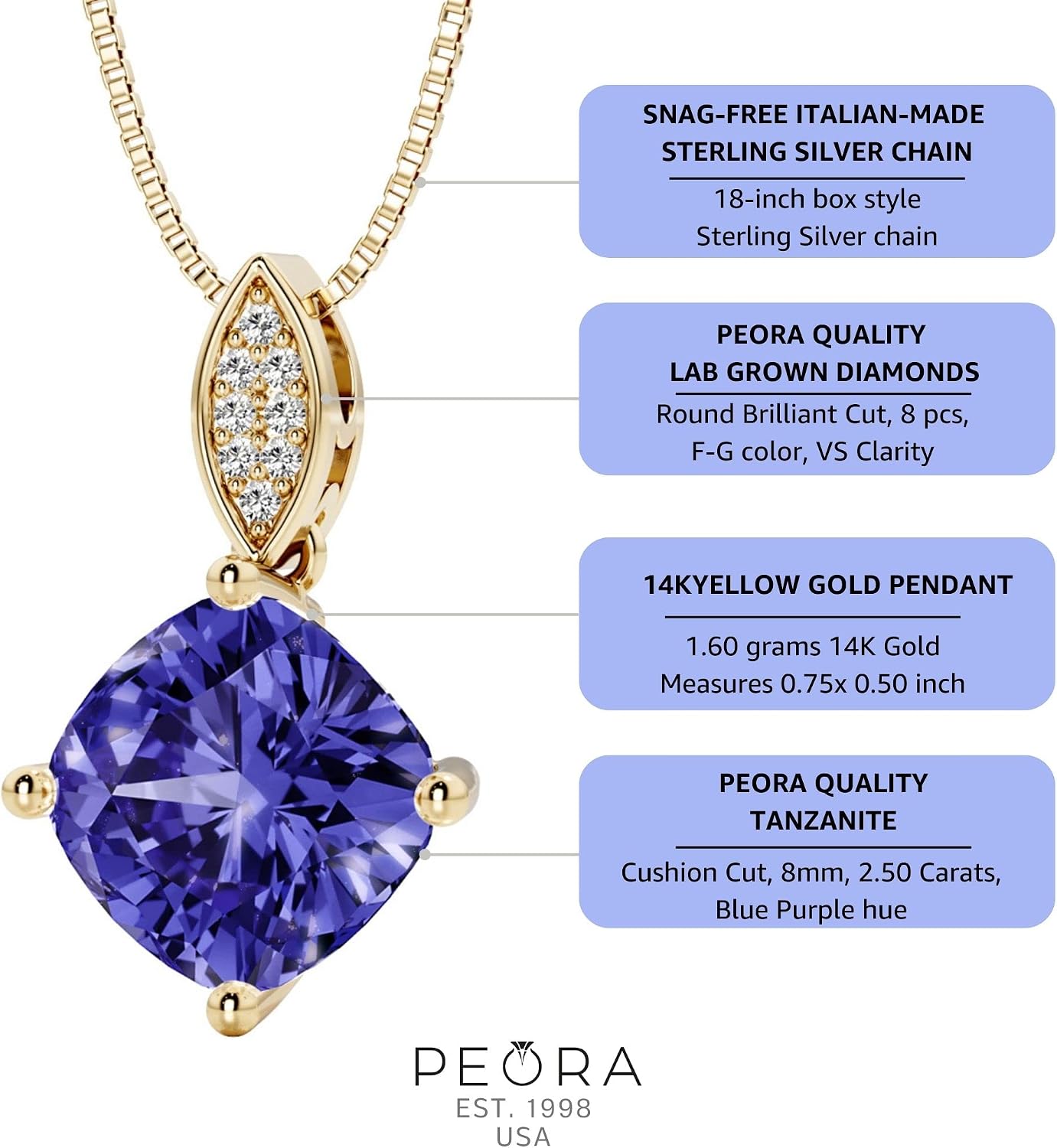 PEORA 2.50 Carats Tanzanite and Lab Grown Diamond Drop Pendant in 14K White or Yellow Gold, Cushion Cut