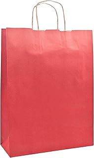 Raylu Paper® - Pack de 25 Bolsas de papel Kraft de colores con asas resistentes, bolsas de papel 100% reciclables para la compra, chuches o regalos (Rojo, Grandes (35x14x44 cm))