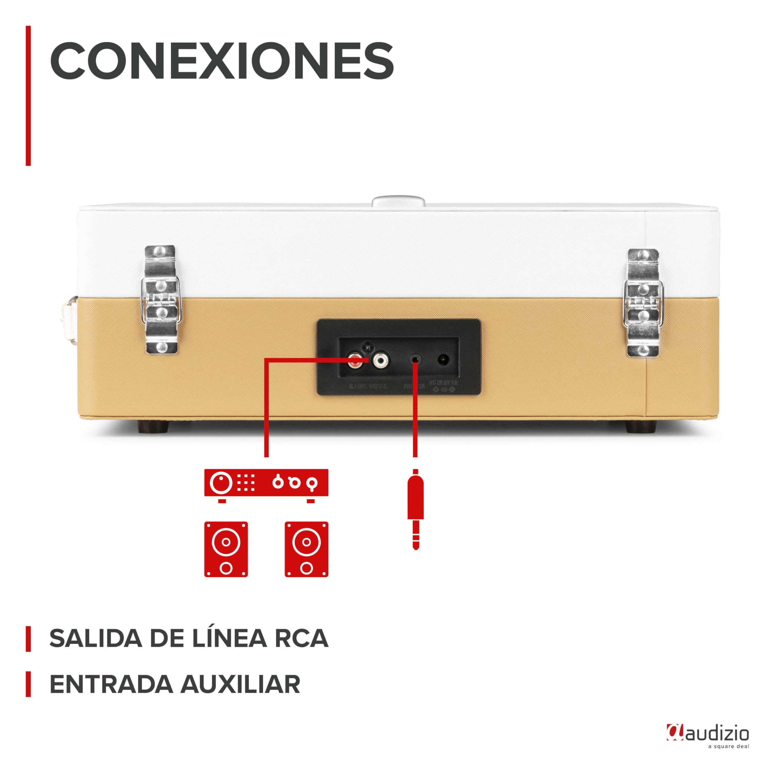 Audizio RP119 - Tocadiscos Retro con Altavoz Bluetooth de Vinilo para Enviar y Recibir, 3 velocidades 33/45/78, formatos 7''/10''/12'', AUX de 3,5 mm y RCA/Cinch - Bronce/Cuero