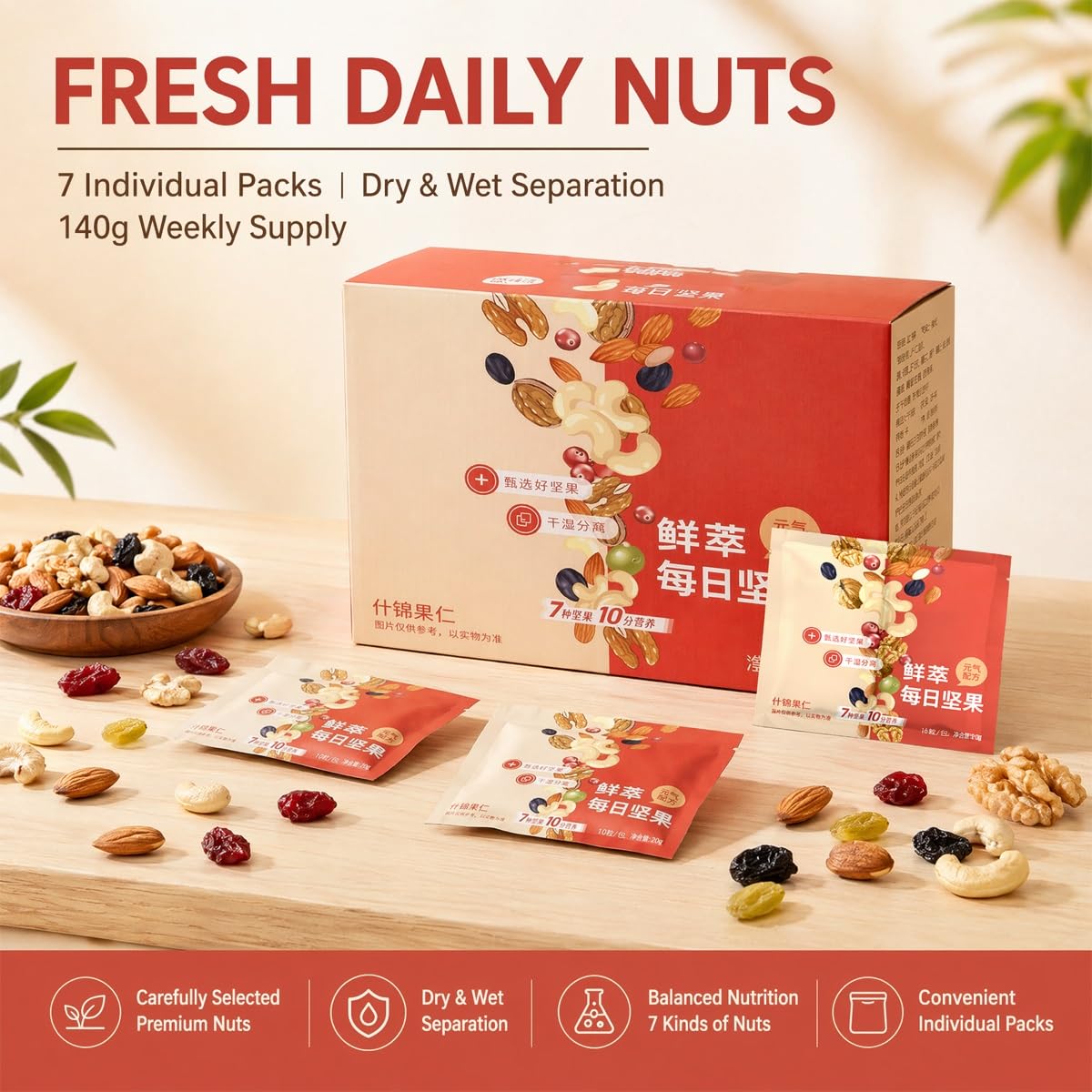 Misto di Noci e Frutta Secca 140g - 7 Bustine Snack Individuali Box | Mandorle anacardi uvetta controllo porzioni assortimento. Cibo sano da viaggio per colazione yogurt avena pasto.(2pcs)