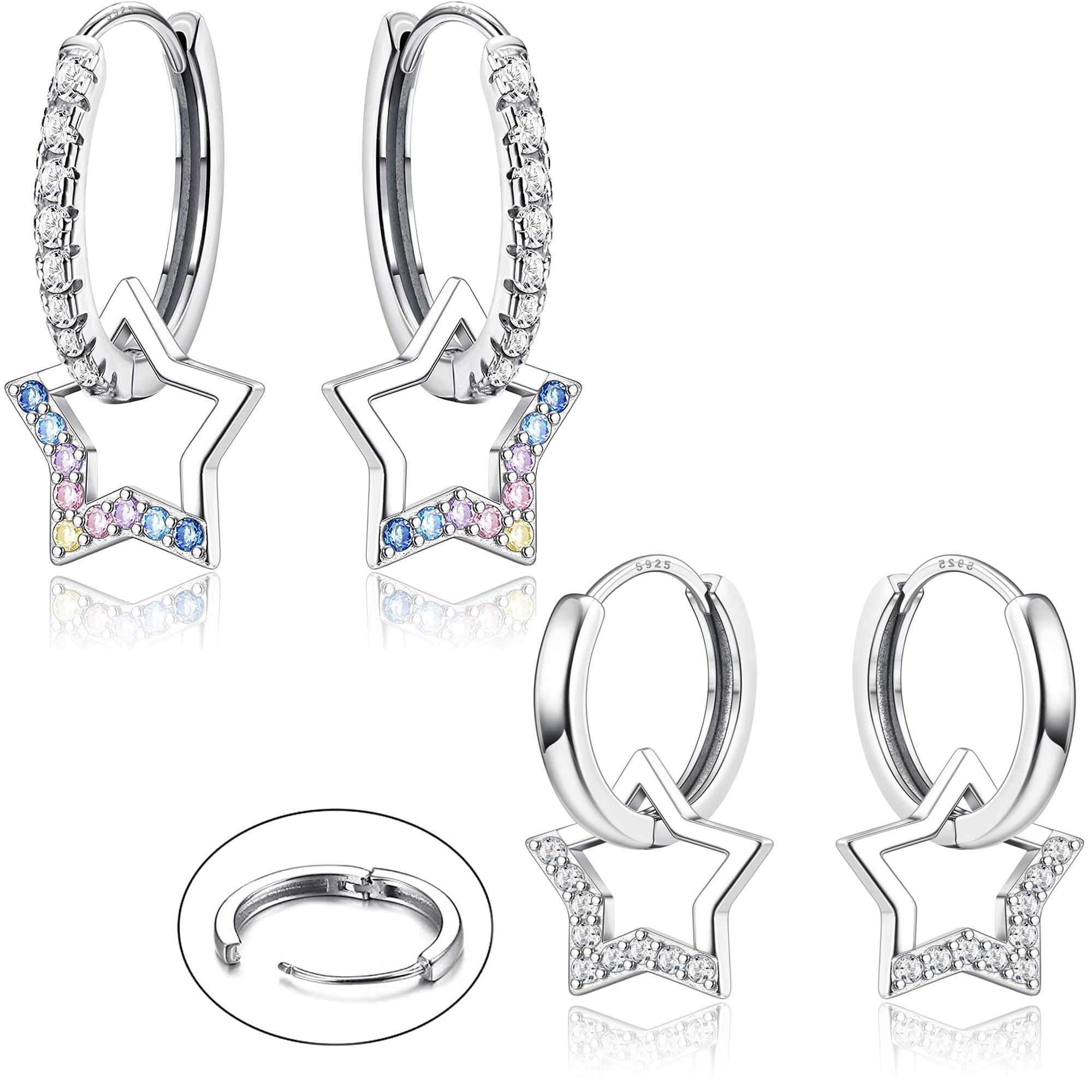 JeweBella 2 Pares Pendientes Aro Colgantes Estrella Plata para Mujer Niña Pequeña Circonita Estrella Pendientes Mujer Plata 925 Aguja Hipoalergenicos Juego de Pendientes de Aros Plata