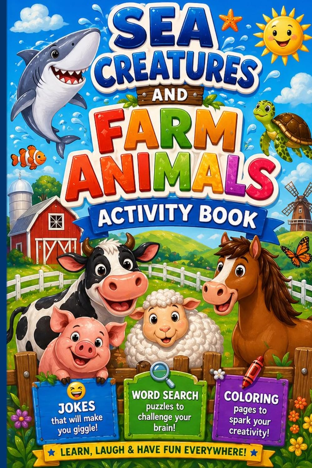 Sea Creatures and Farm Animals Activity Book for Kids 6-8: Jokes, Word Search Puzzles, Coloring Pages