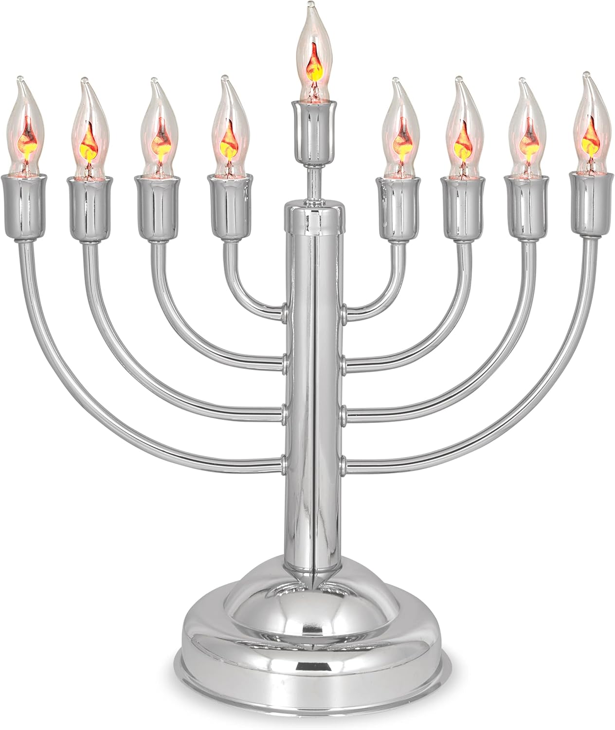 Menorá eléctrica plateada con bombillas que titilan