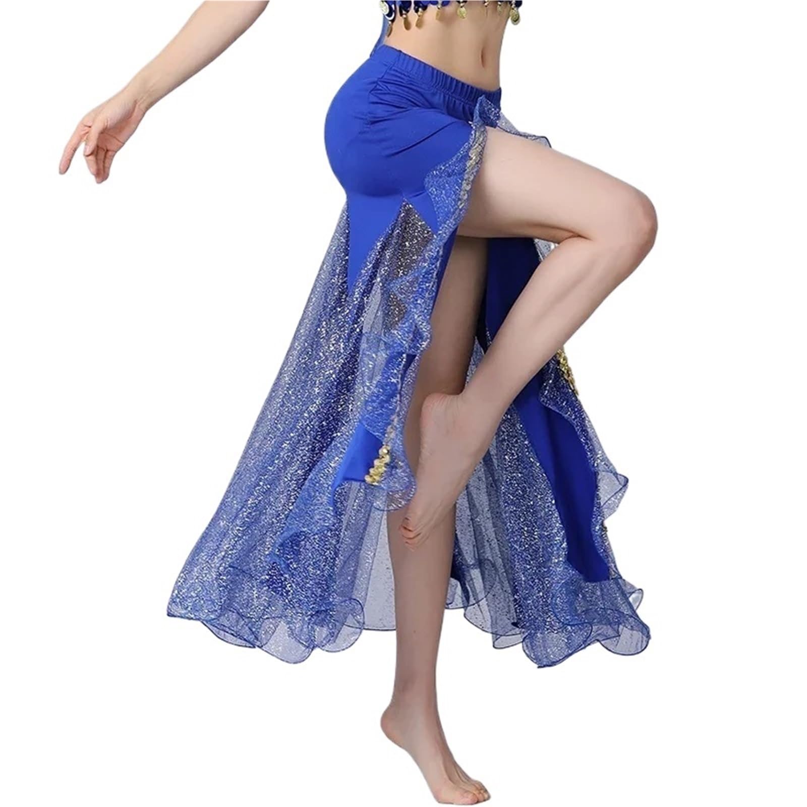 TRRYUIP Belly Dance Skirt Women Sparkly Spilt Belly Dance Skirt Lady Ballroom Long Performance Stage Costume Oriental Dancing Practice Dress(Blue)