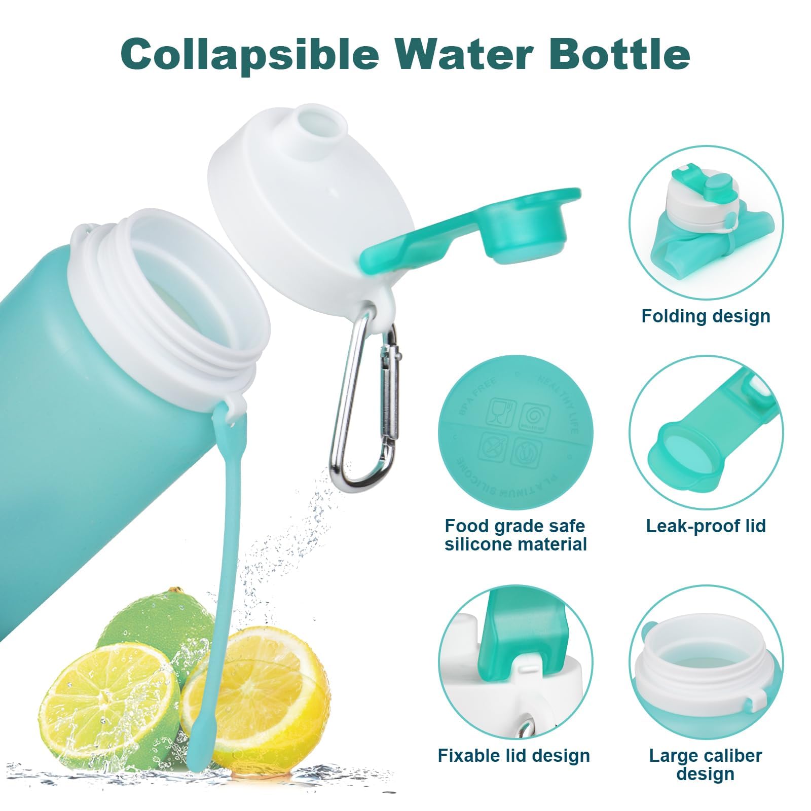 PLTCAT Faltbare Wasserflaschen, 540 ml, faltbare Silikon-Reiseflaschen | Grün, BPA-freies Silikon, auslaufsichere Deckel, spülmaschinenfest, Karabiner-Clips, kompaktes Roll-Up-Design