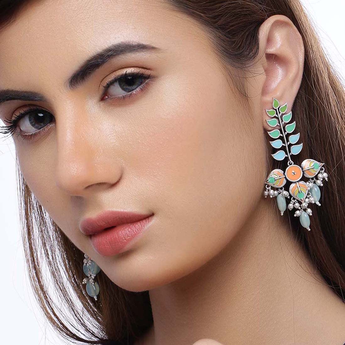 Enamelled Leaf Beaded Dangle Earrings