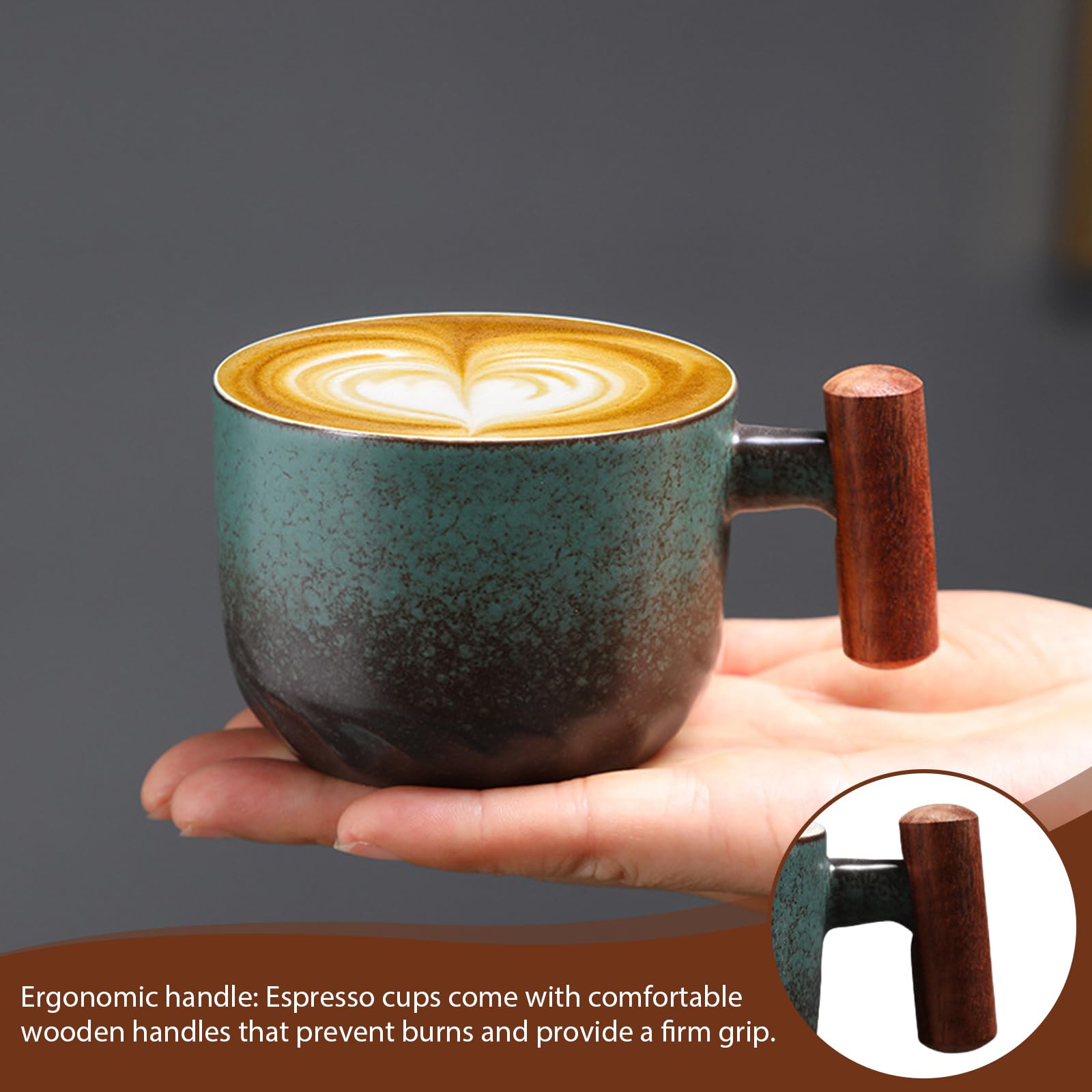 4er Set Espressotassen Mit Holzgriff - Retro Keramik Tassen 70ml Für Kaffee & Tee