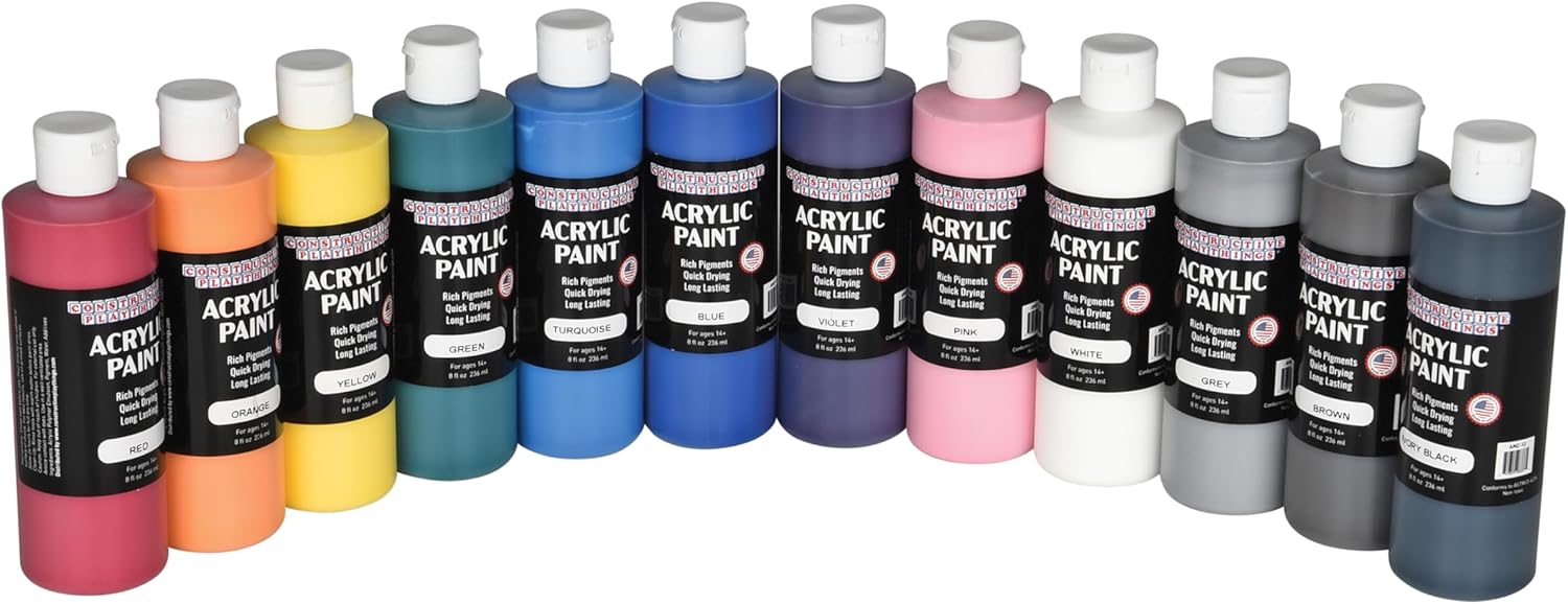 Constructive Playthings Acrylic Paint Set – 12 Vibrant 8 oz Bottles Made in the USA – Thick, Rich Pigment for Rock Painting, Pouring, Fluid Art & Canvas Painting