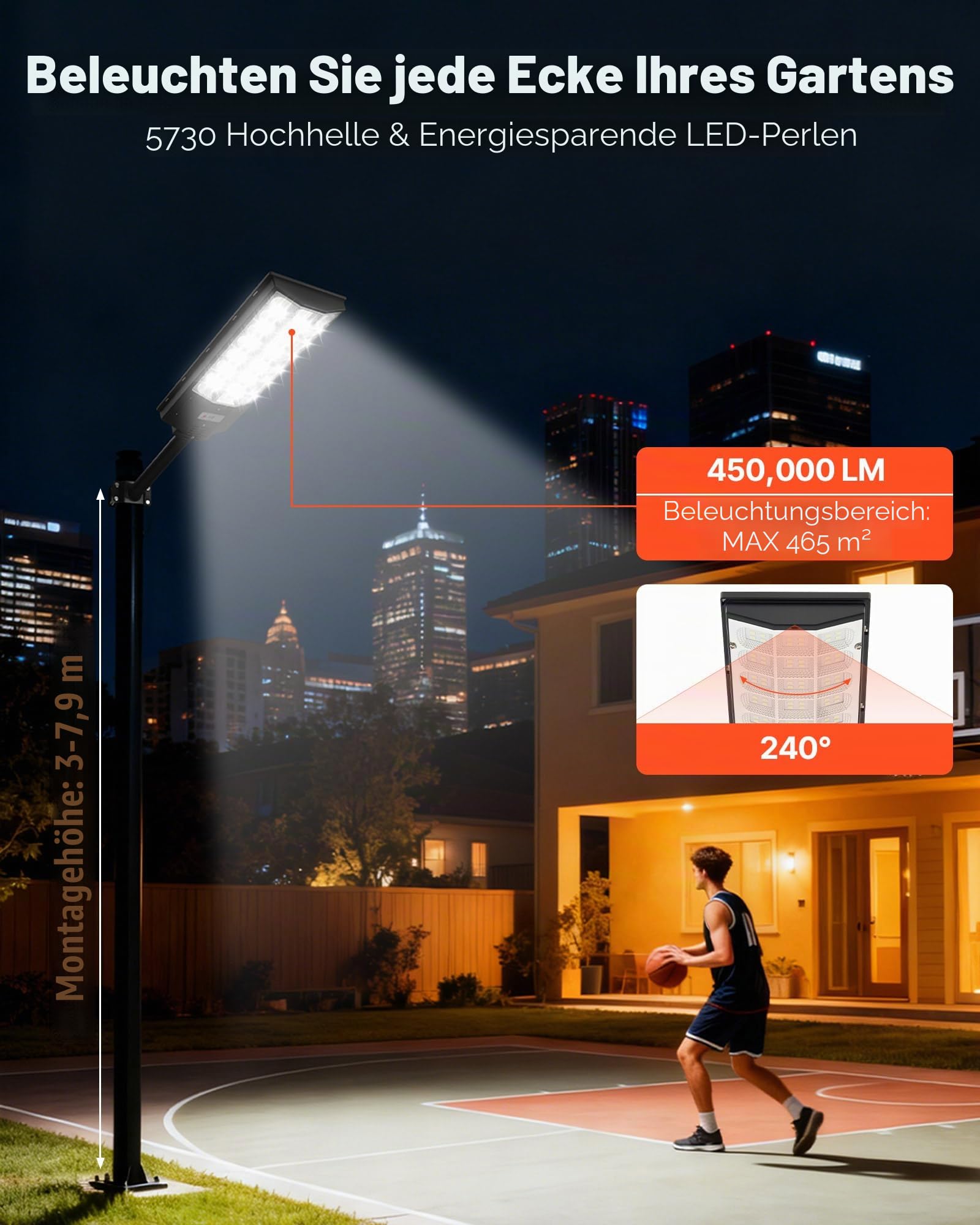 VEVOR Solar Straßenlaterne 450000LM, Straßenlampe 8000 W, Solarleuchte mit Dämmerungssensor, LED-Flutlicht mit Bewegungsmelder, IP65 wasserdichte Außenbeleuchtung, für Einfahrt & Hof, 1 Stück