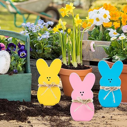 Miniatura 5 de Paquete de 3 letreros de madera con forma de conejito de Pascua, decoración de granja con forma de conejito de primavera, decoración de Pascua para