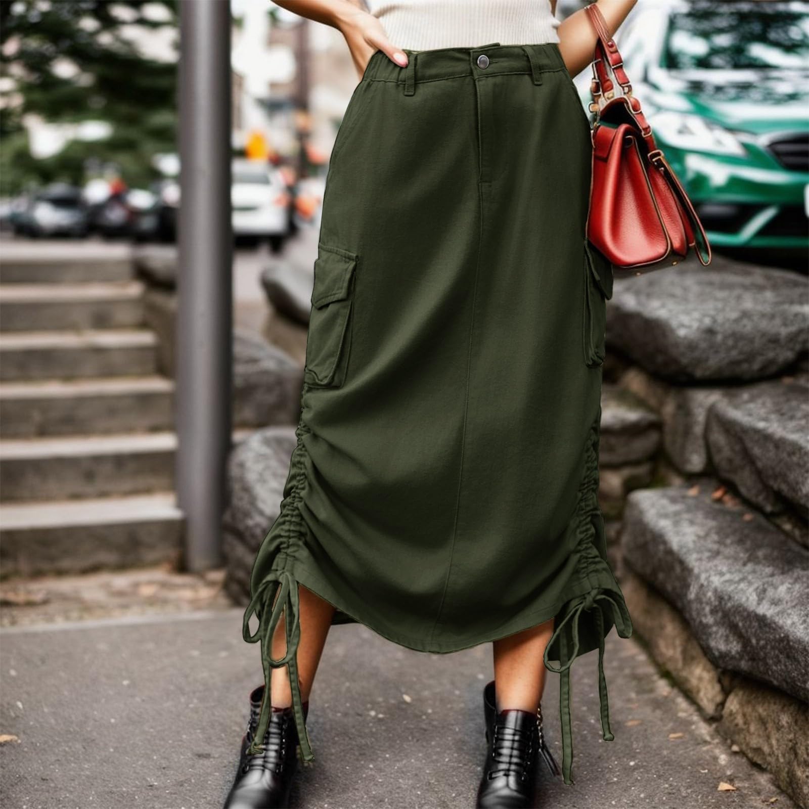 Mini Gonna Donna - Gonne Cargo per Donna Gonna Lunga A Vita Alta Gonna in Denim Midi con Coulisse Regolabile Tinta Unita Cerchio per Gonna